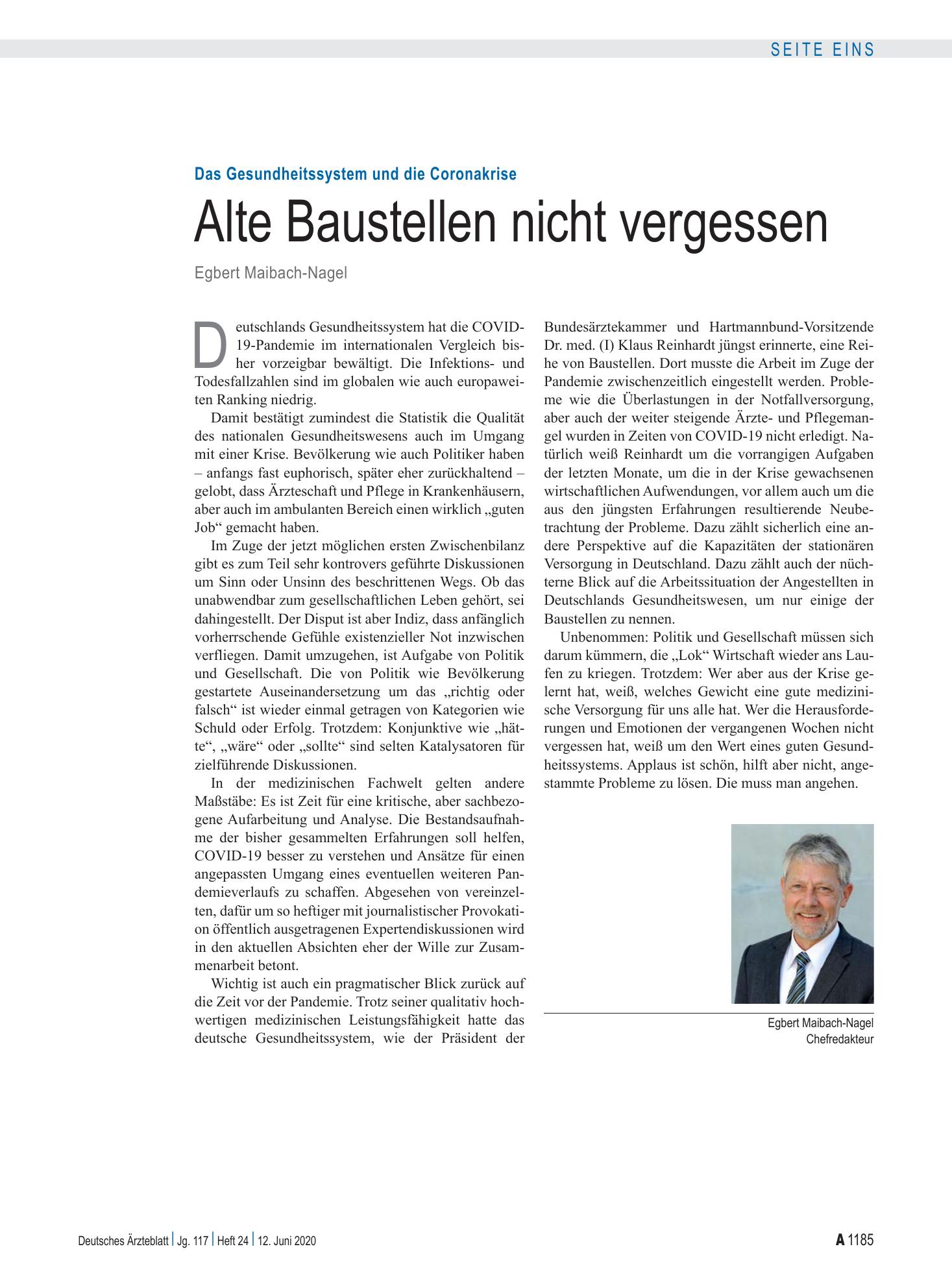 Vorschauseite 1: Das Gesundheitssystem und die Coronakrise: Alte Baustellen nicht vergessen – Deutsches Ärzteblatt