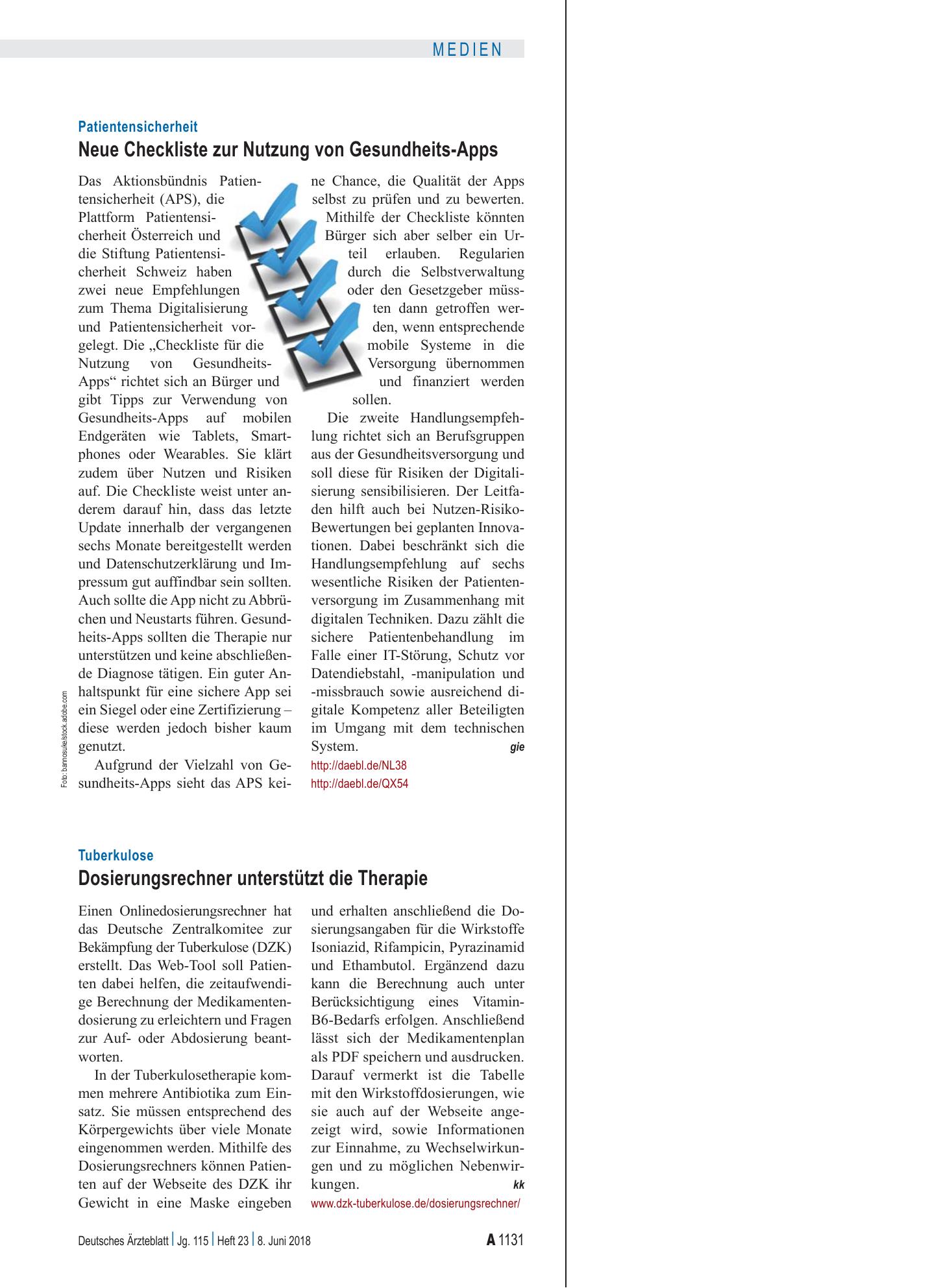 Vorschauseite 1: Patientensicherheit: Neue Checkliste zur Nutzung von Gesundheits-Apps – Deutsches Ärzteblatt