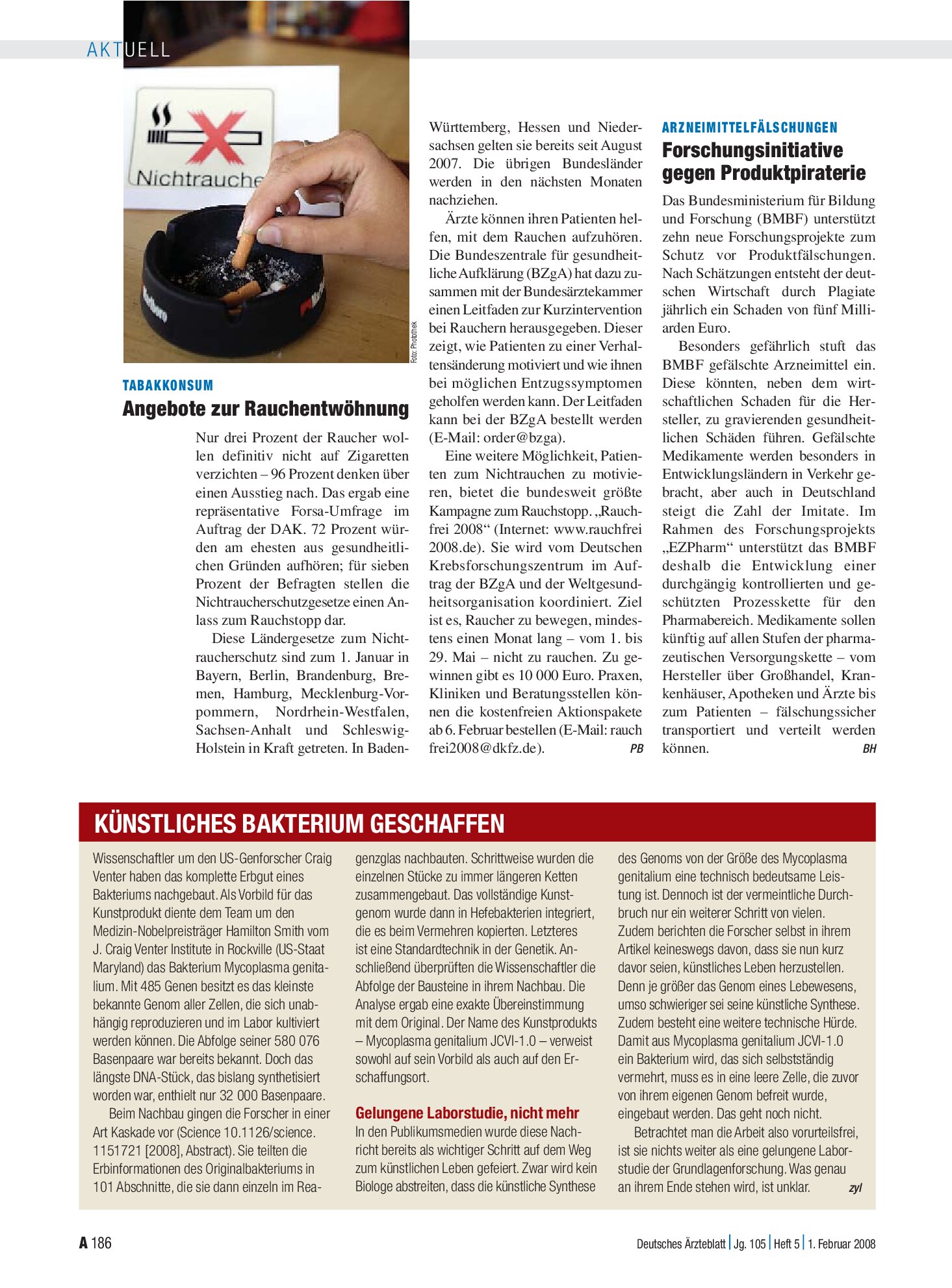 Vorschauseite 1: Künstliches Bakterium geschaffen – Deutsches Ärzteblatt