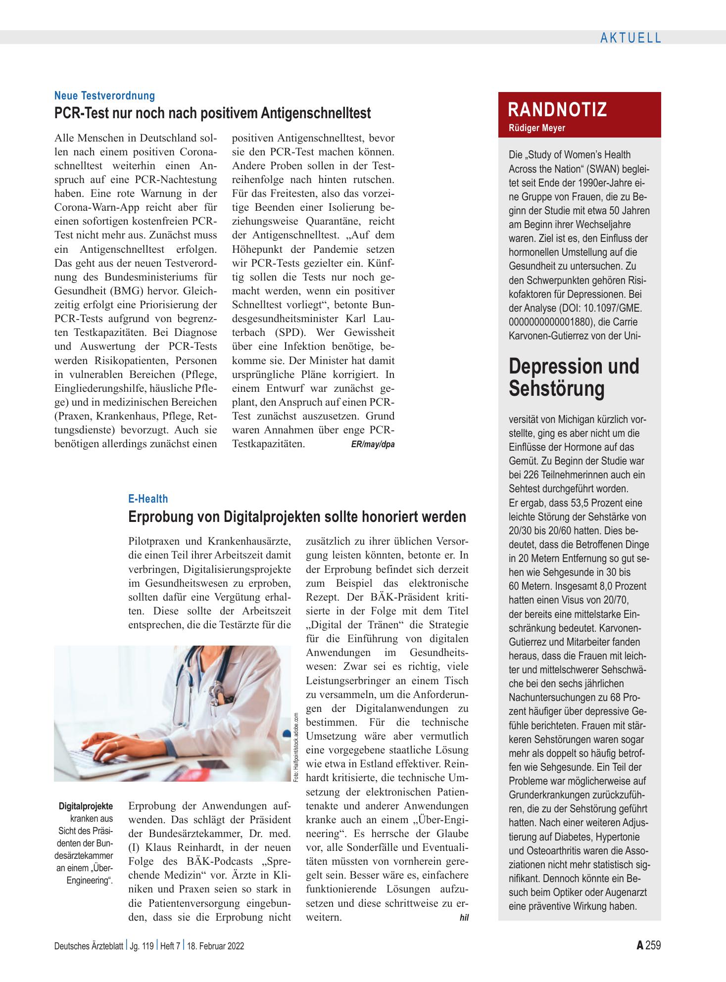 Vorschauseite 1: Randnotiz: Depression und Sehstörung – Deutsches Ärzteblatt
