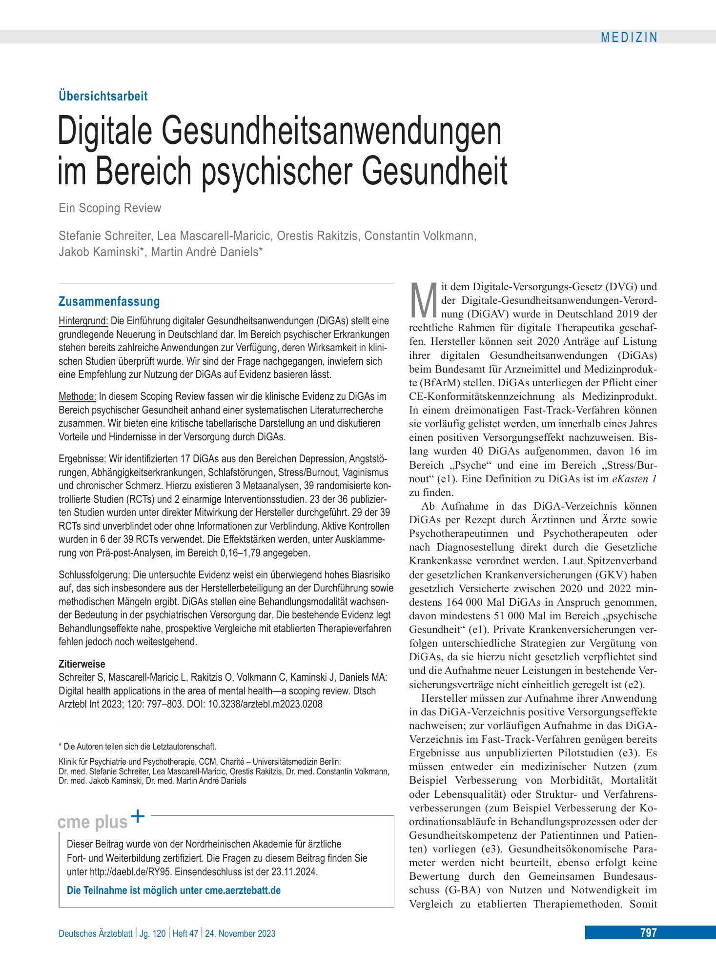 Vorschauseite 1: Digitale Gesundheitsanwendungen im Bereich psychischer Gesundheit – Deutsches Ärzteblatt