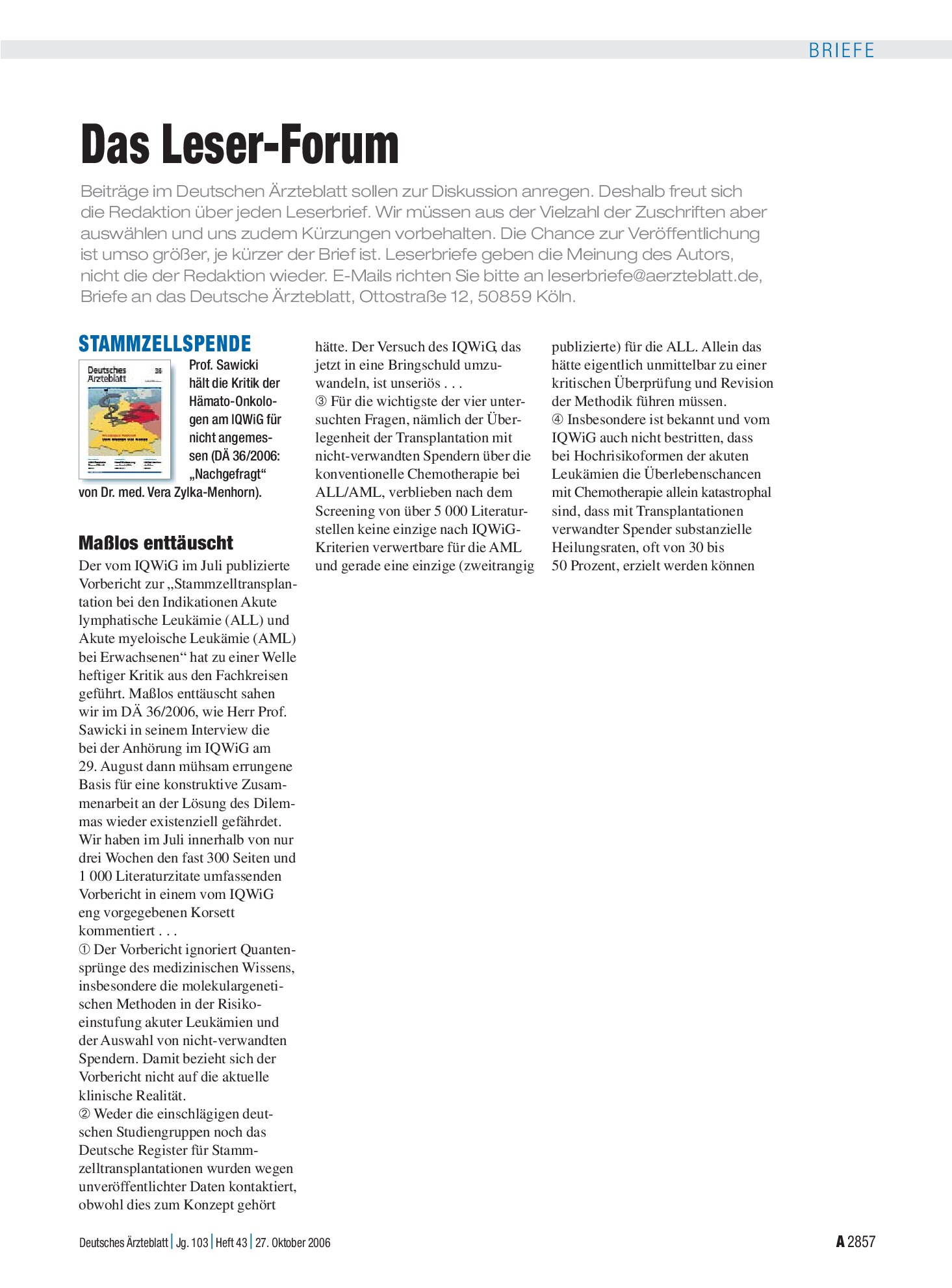Vorschauseite 1: Stammzellspende: Maßlos enttäuscht – Deutsches Ärzteblatt
