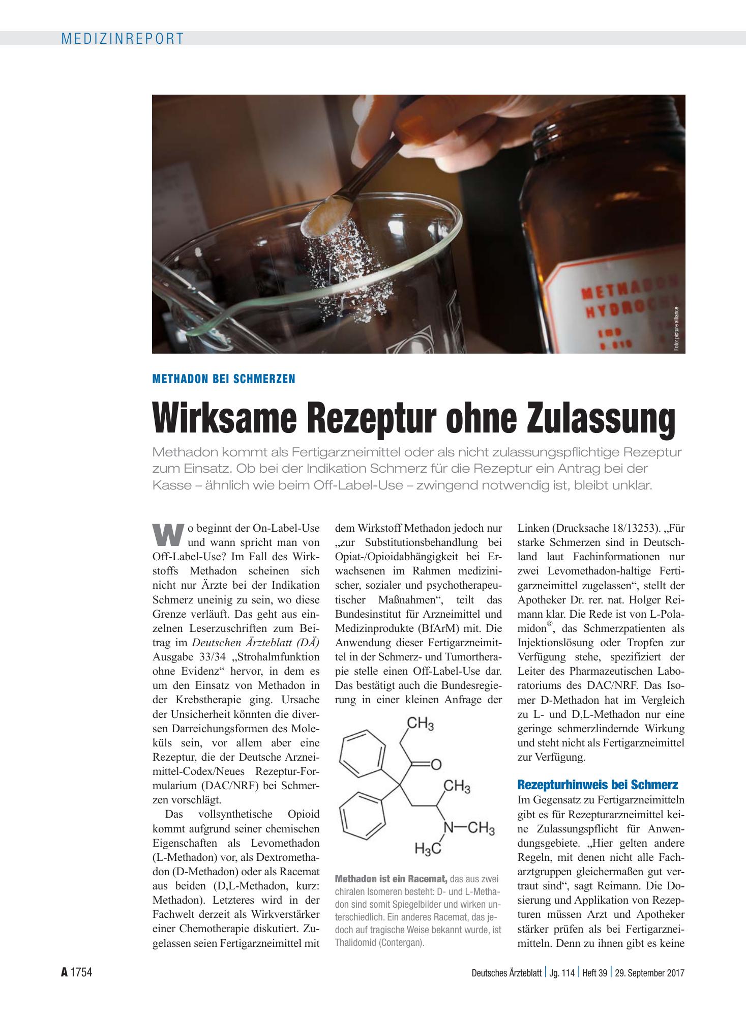 Vorschauseite 1: Methadon bei Schmerzen: Wirksame Rezeptur ohne Zulassung – Deutsches Ärzteblatt
