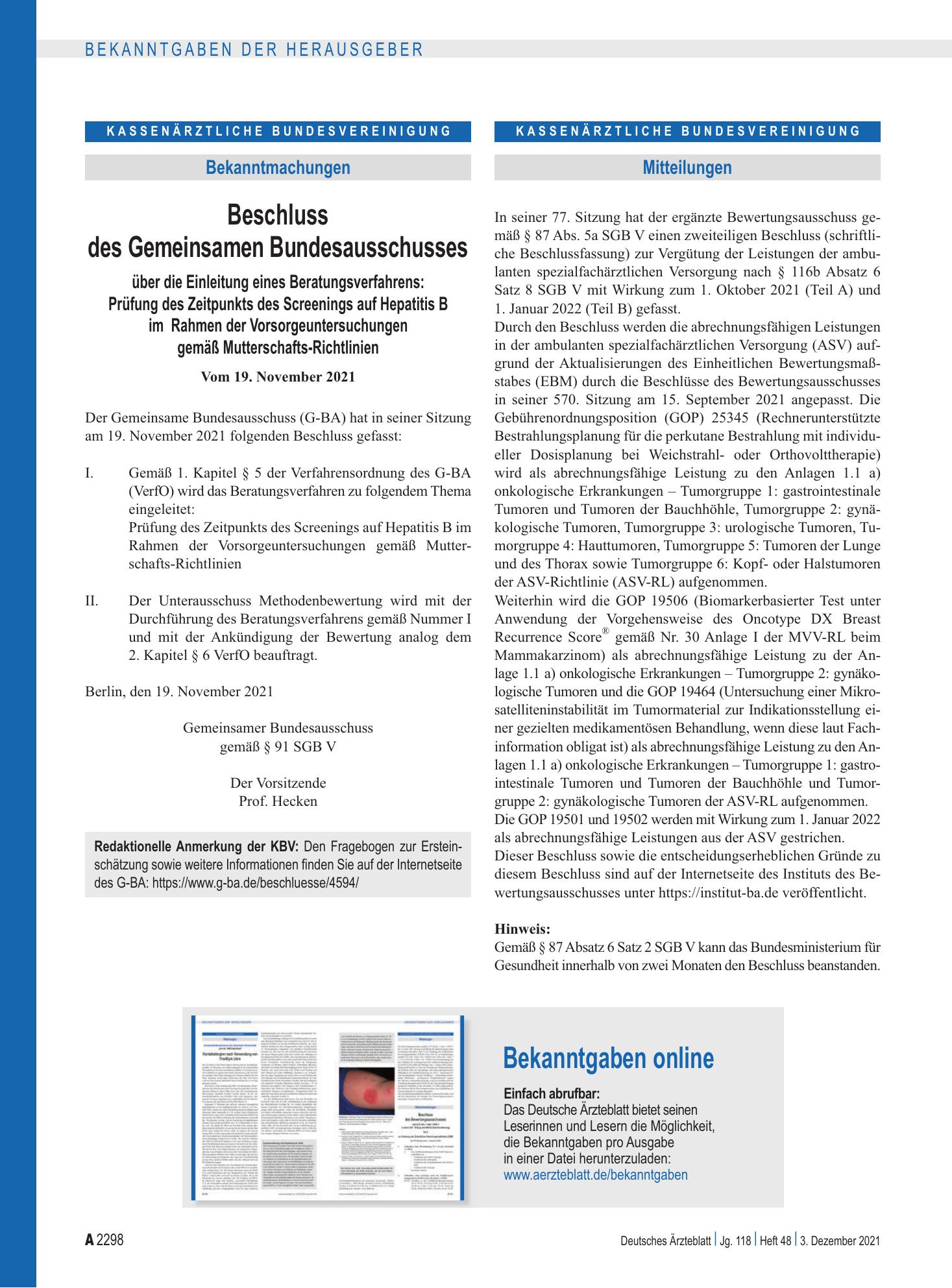 Vorschauseite 1: Mitteilungen – Deutsches Ärzteblatt