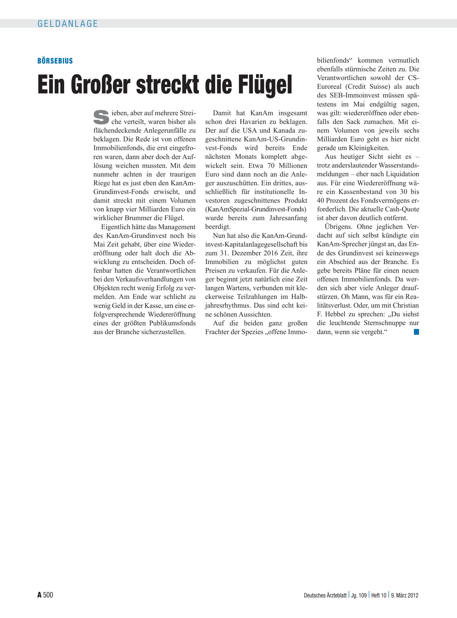 Vorschauseite 1: Börsebius: Ein Großer streckt die Flügel – Deutsches Ärzteblatt