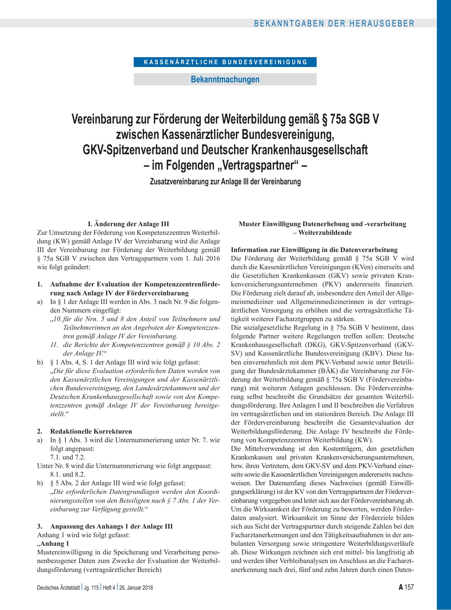 Vorschauseite 1: Vereinbarung zur Förderung der Weiterbildung gemäß § 75a SGB V – Deutsches Ärzteblatt