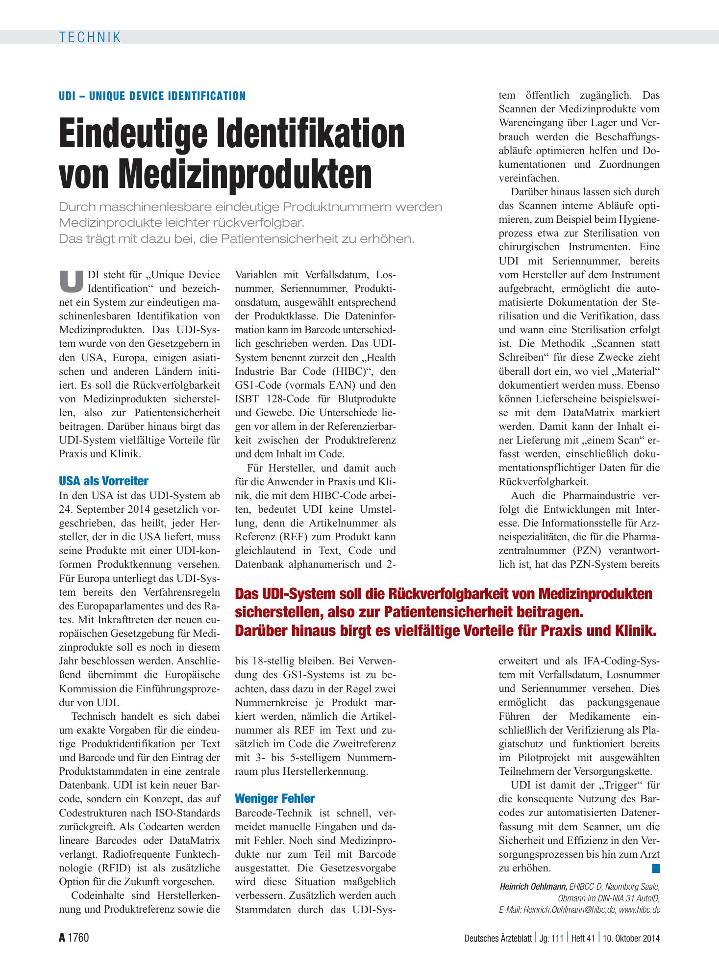 Vorschauseite 1: UDI – Unique Device Identification: Eindeutige Identifikation von Medizinprodukten – Deutsches Ärzteblatt