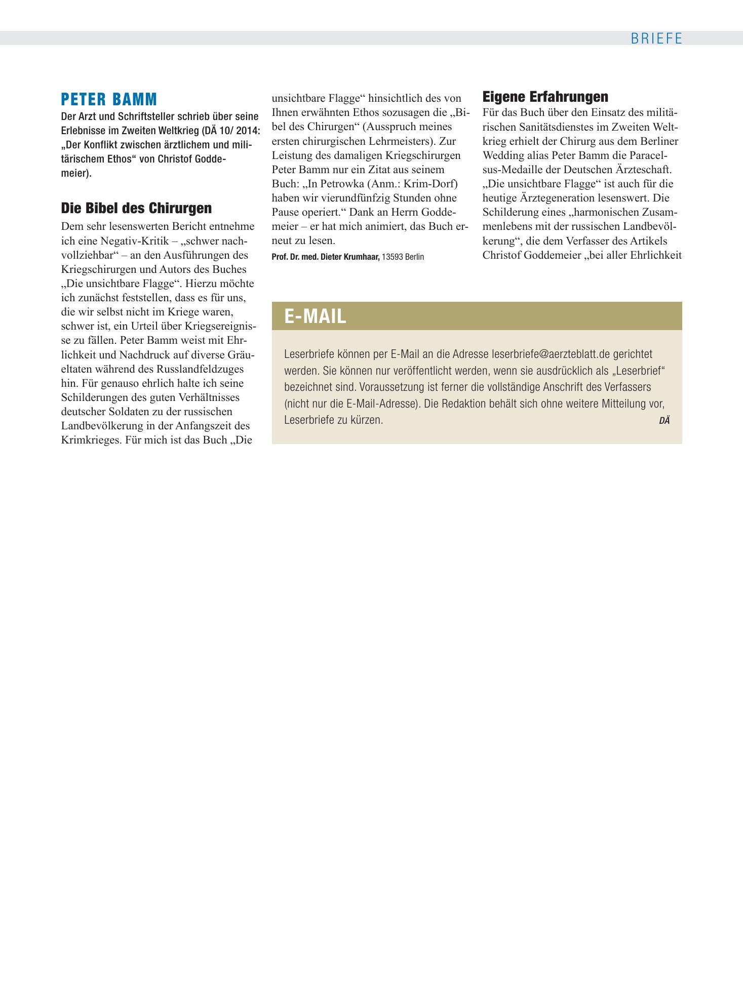 Vorschauseite 1: Peter Bamm: Eigene Erfahrungen – Deutsches Ärzteblatt