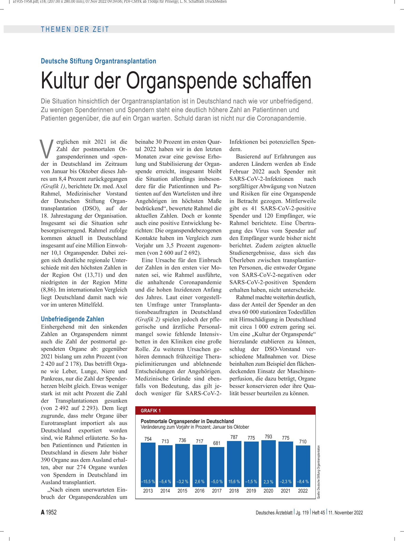 Vorschauseite 1: Deutsche Stiftung Organtransplantation: Kultur der Organspende schaffen – Deutsches Ärzteblatt