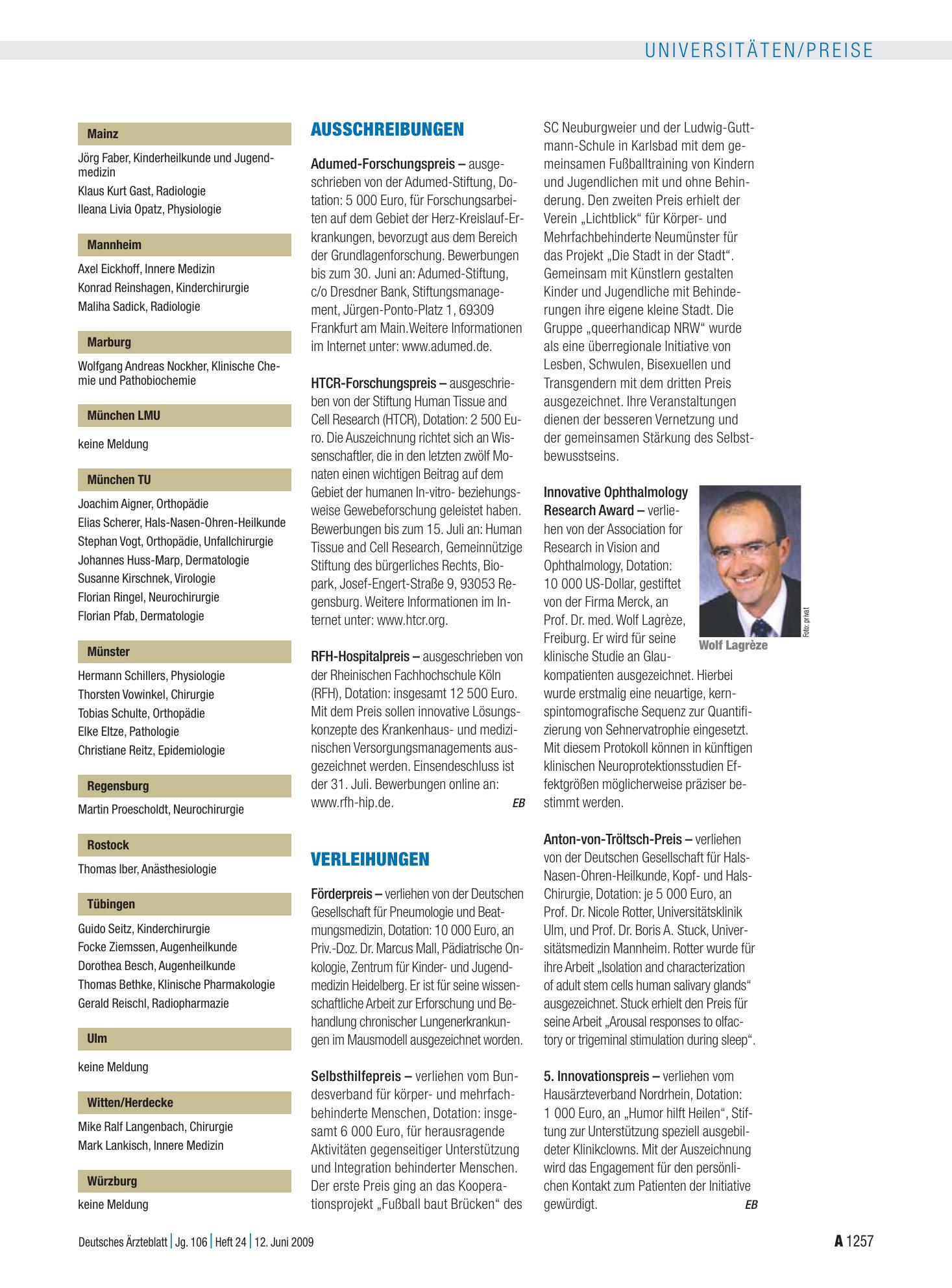 Vorschauseite 1: Verleihungen – Deutsches Ärzteblatt