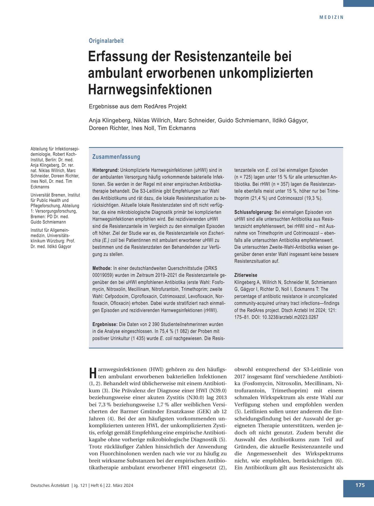 Vorschauseite 1: Erfassung der Resistenzanteile bei ambulant erworbenen unkomplizierten Harnwegsinfektionen – Deutsches Ärzteblatt