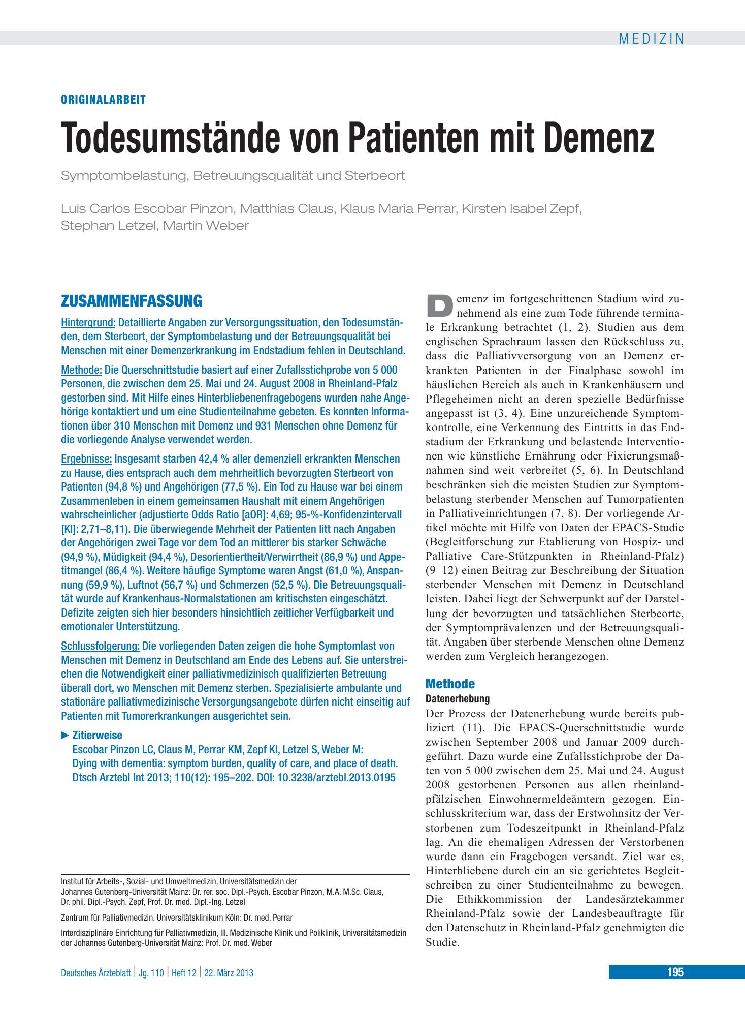 Vorschauseite 1: Todesumstände von Patienten mit Demenz – Deutsches Ärzteblatt