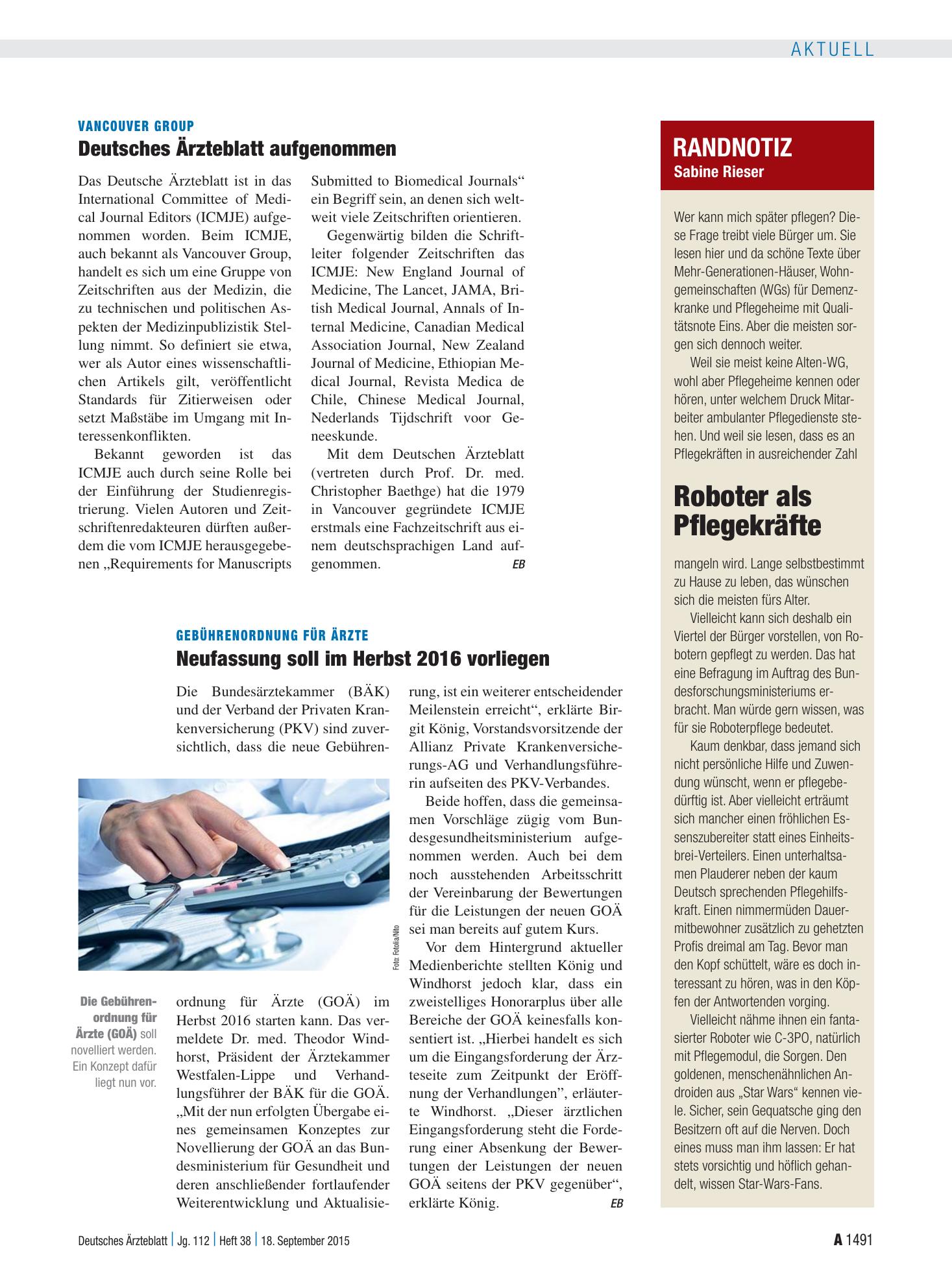 Vorschauseite 1: Randnotiz: Roboter als Pflegekräfte – Deutsches Ärzteblatt