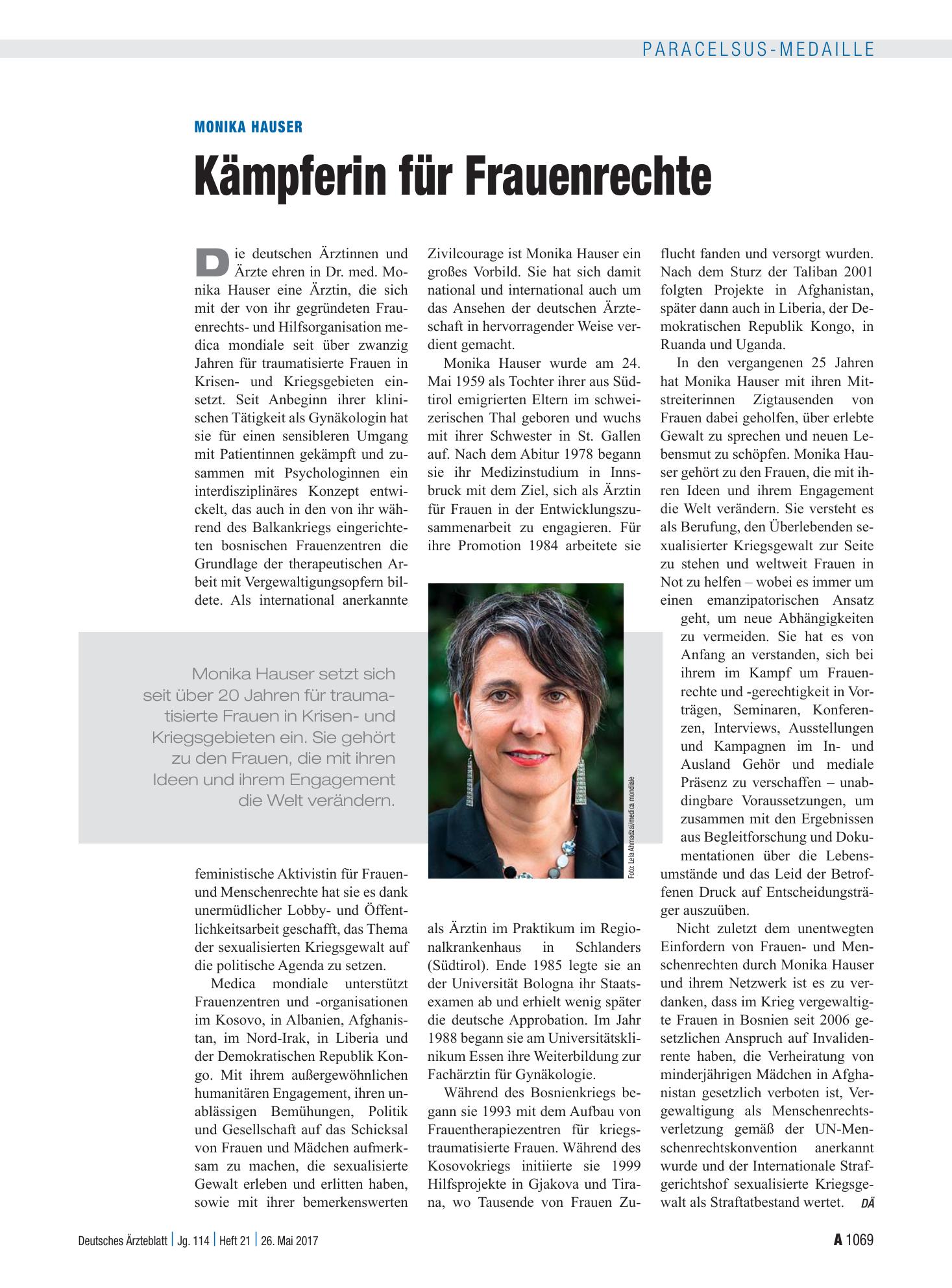 Vorschauseite 1: Monika Hauser: Kämpferin für Frauenrechte – Deutsches Ärzteblatt