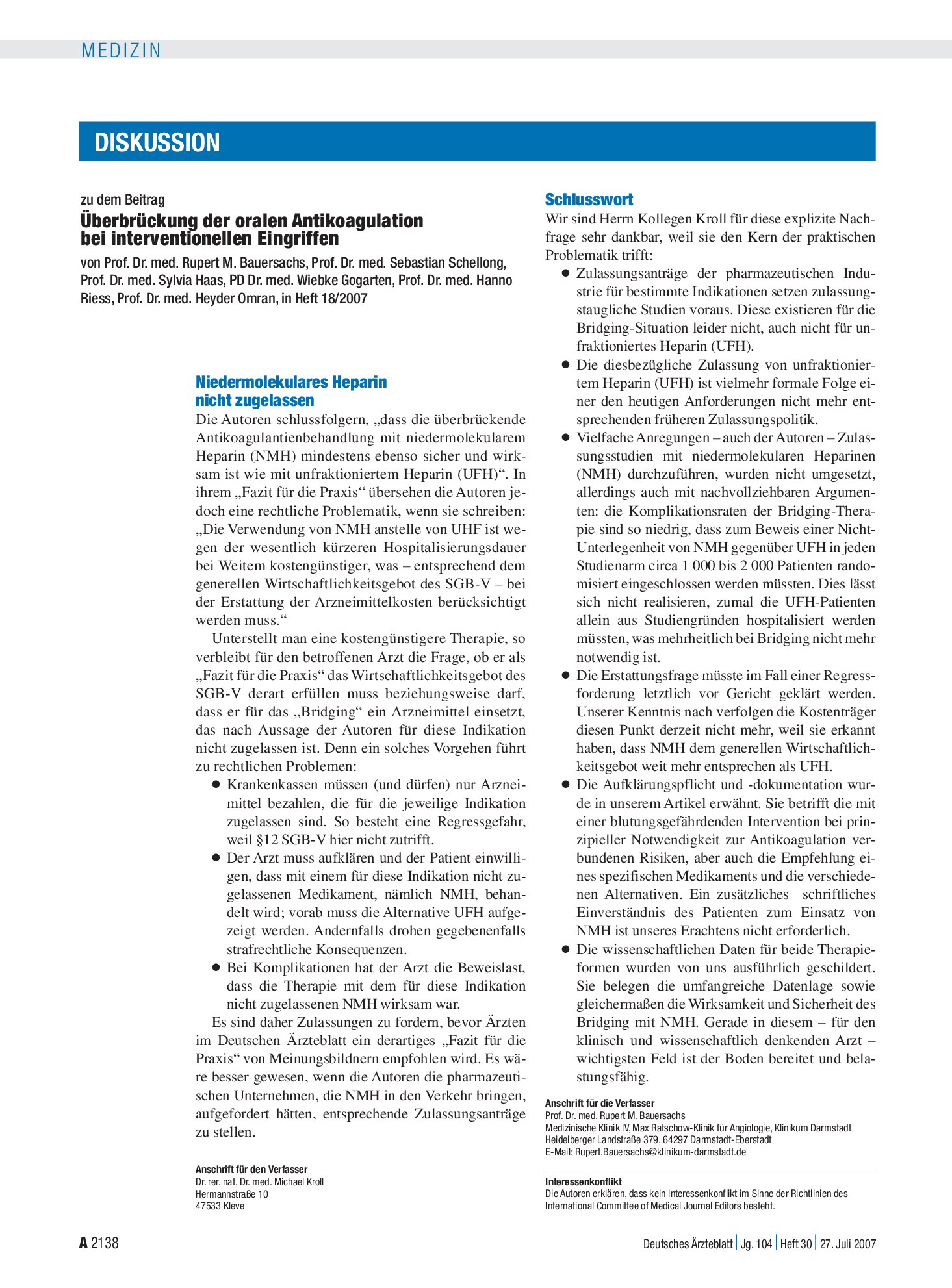Vorschauseite 1: Überbrückung der oralen Antikoagulation bei interventionellen Eingriffen: Niedermolekulares Heparin nicht zugelassen – Deutsches Ärzteblatt