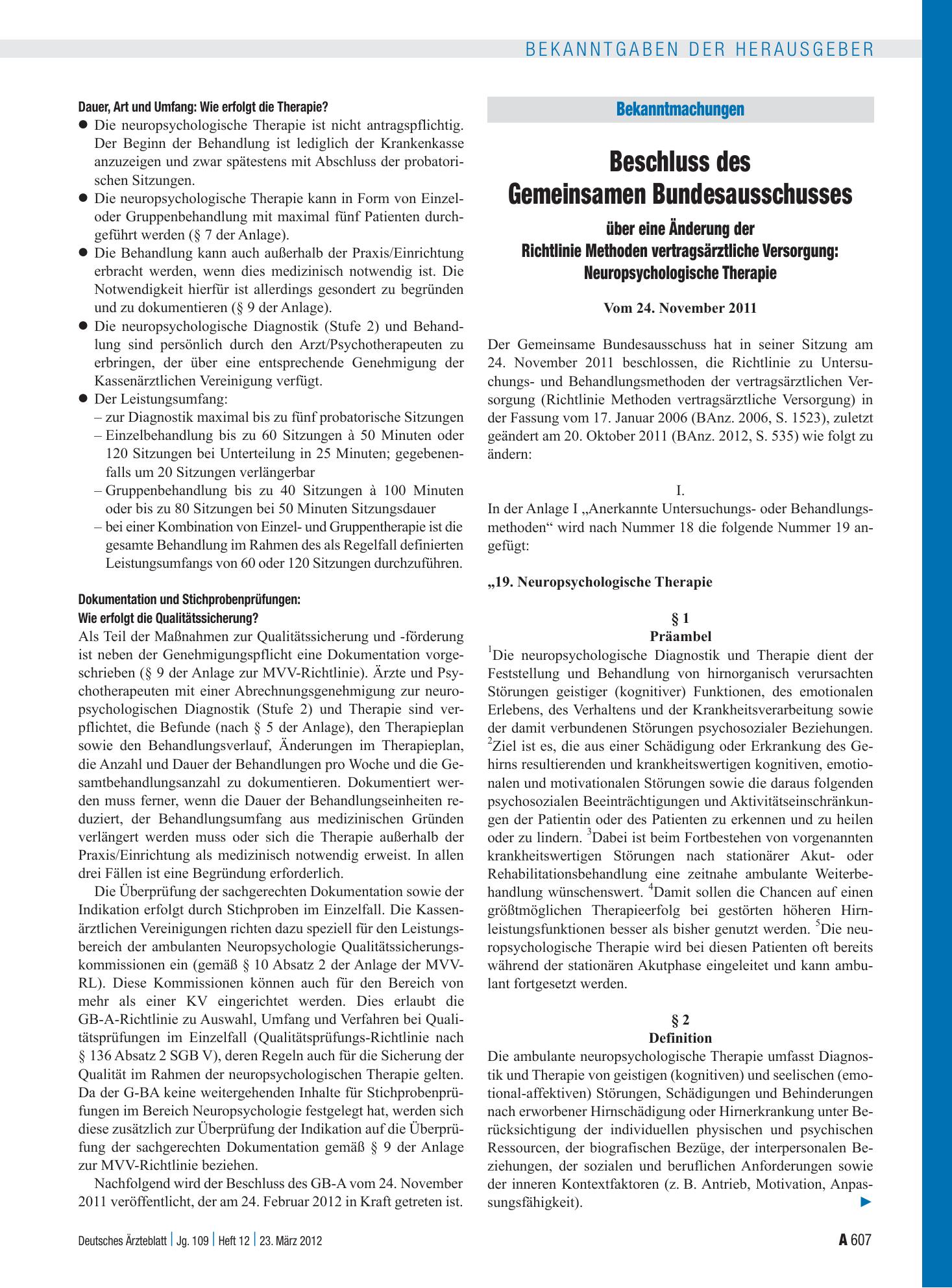 Vorschauseite 1: Beschluss des Gemeinsamen Bundesausschusses über eine Änderung der Richtlinie Methoden vertragsärztliche Versorgung: Neuropsychologische Therapie – Deutsches Ärzteblatt