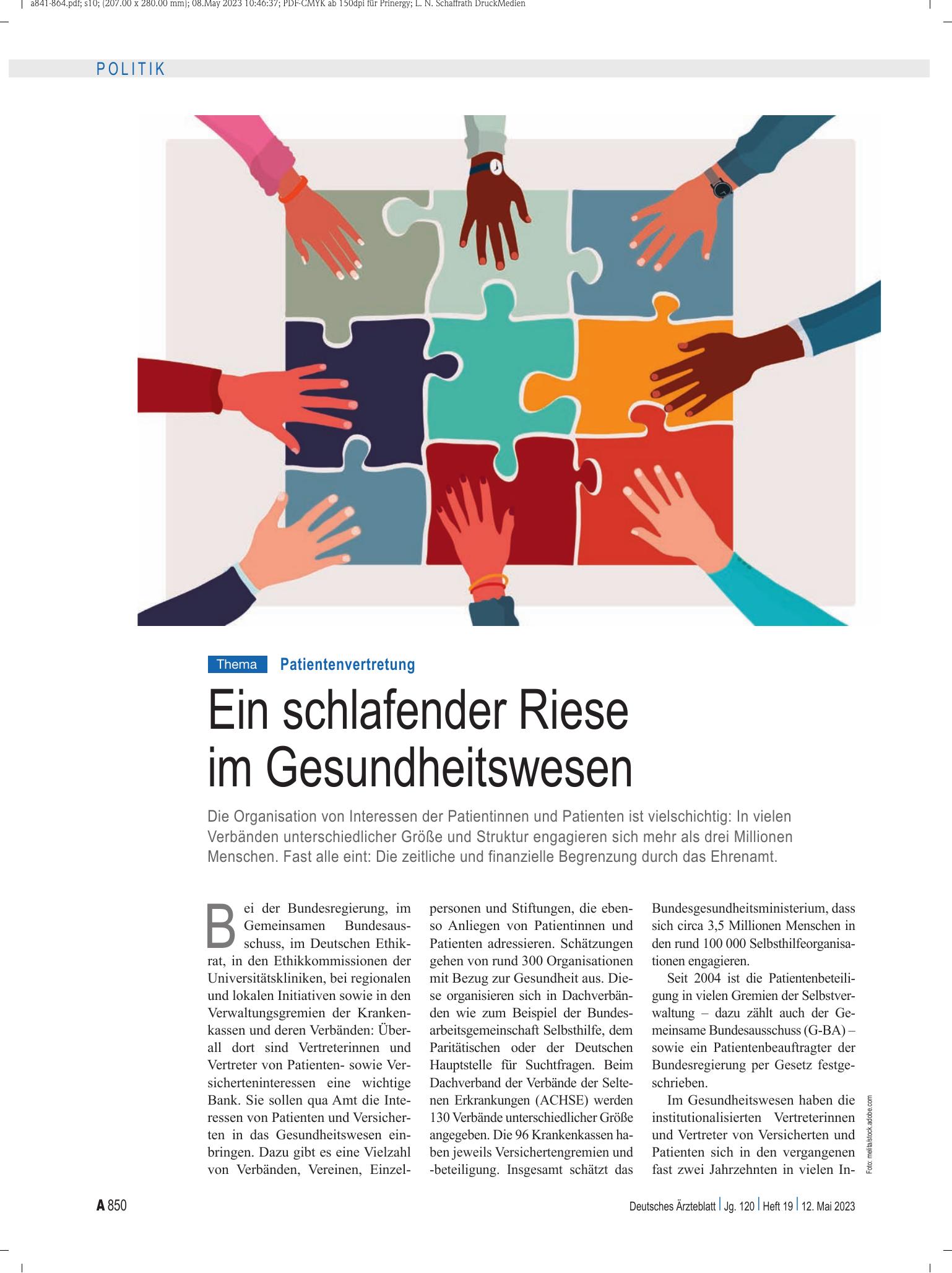 Vorschauseite 1: Patientenvertretung: Ein schlafender Riese im Gesundheitswesen – Deutsches Ärzteblatt
