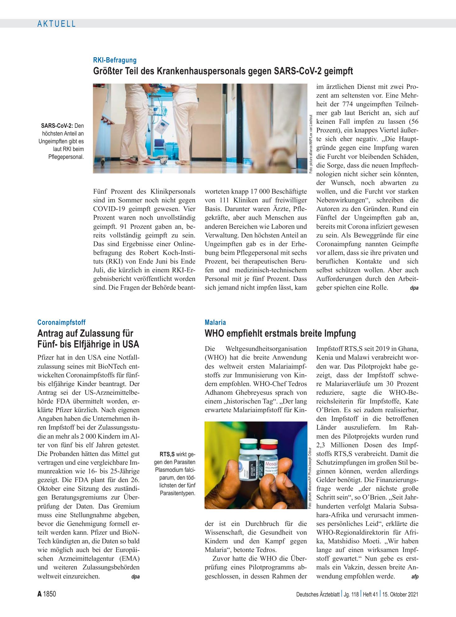 Vorschauseite 1: Malaria: WHO empfiehlt erstmals breite Impfung – Deutsches Ärzteblatt