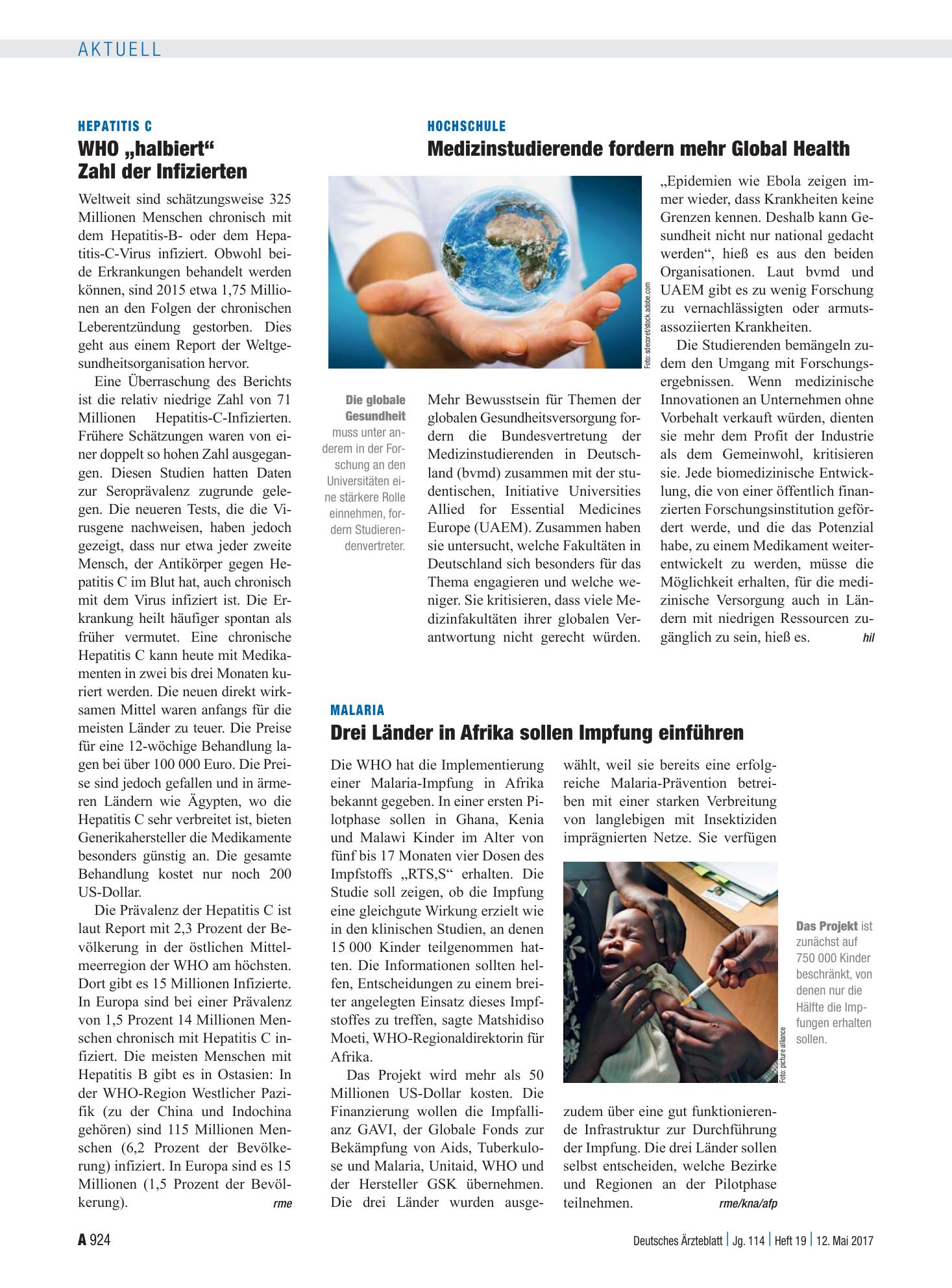 Vorschauseite 1: Hepatitis C: WHO „halbiert“ Zahl der Infizierten – Deutsches Ärzteblatt