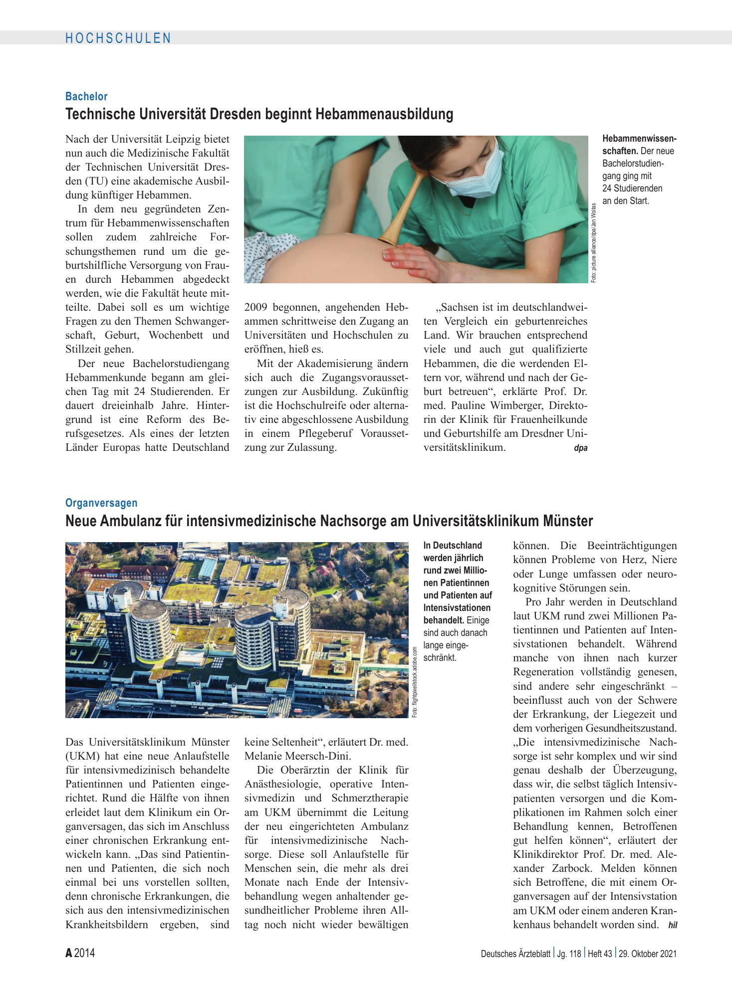 Vorschauseite 1: Bachelor: Technische Universität Dresden beginnt Hebammenausbildung – Deutsches Ärzteblatt
