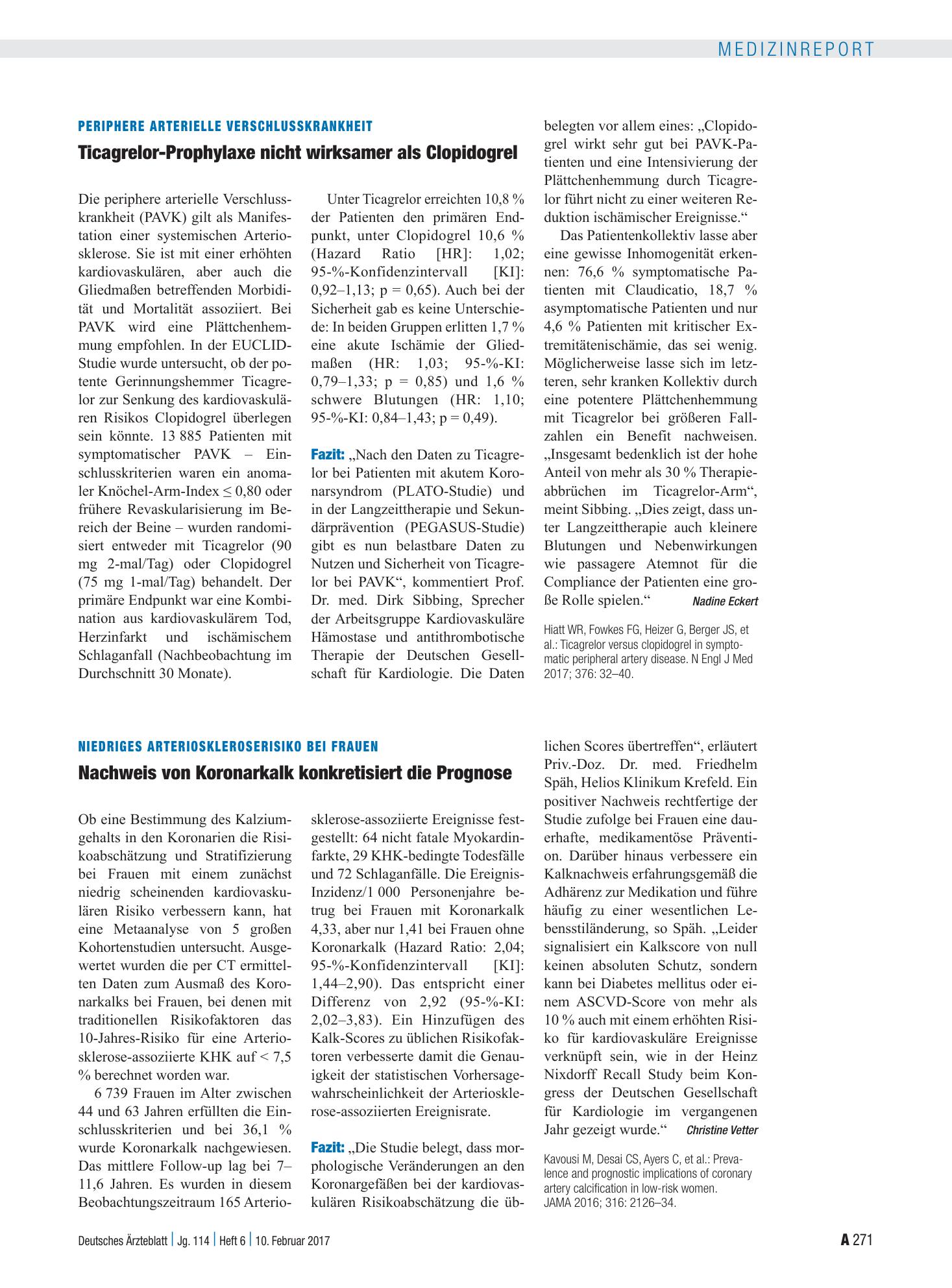 Vorschauseite 1: Periphere arterielle Verschlusskrankheit: Ticagrelor-Prophylaxe nicht wirksamer als Clopidogrel – Deutsches Ärzteblatt