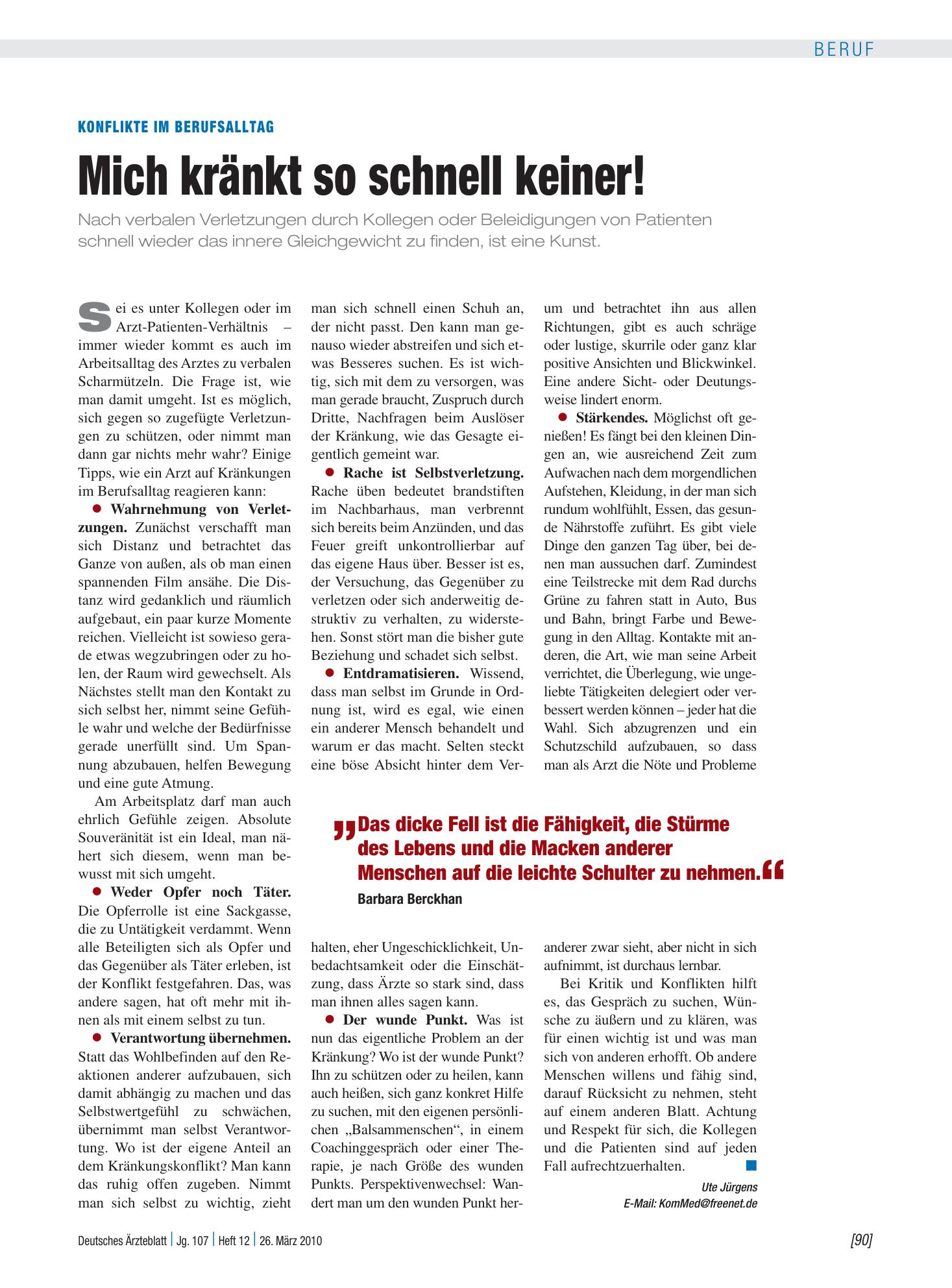 Vorschauseite 1: Konflikte im Berufsalltag: Mich kränkt so schnell keiner! – Deutsches Ärzteblatt