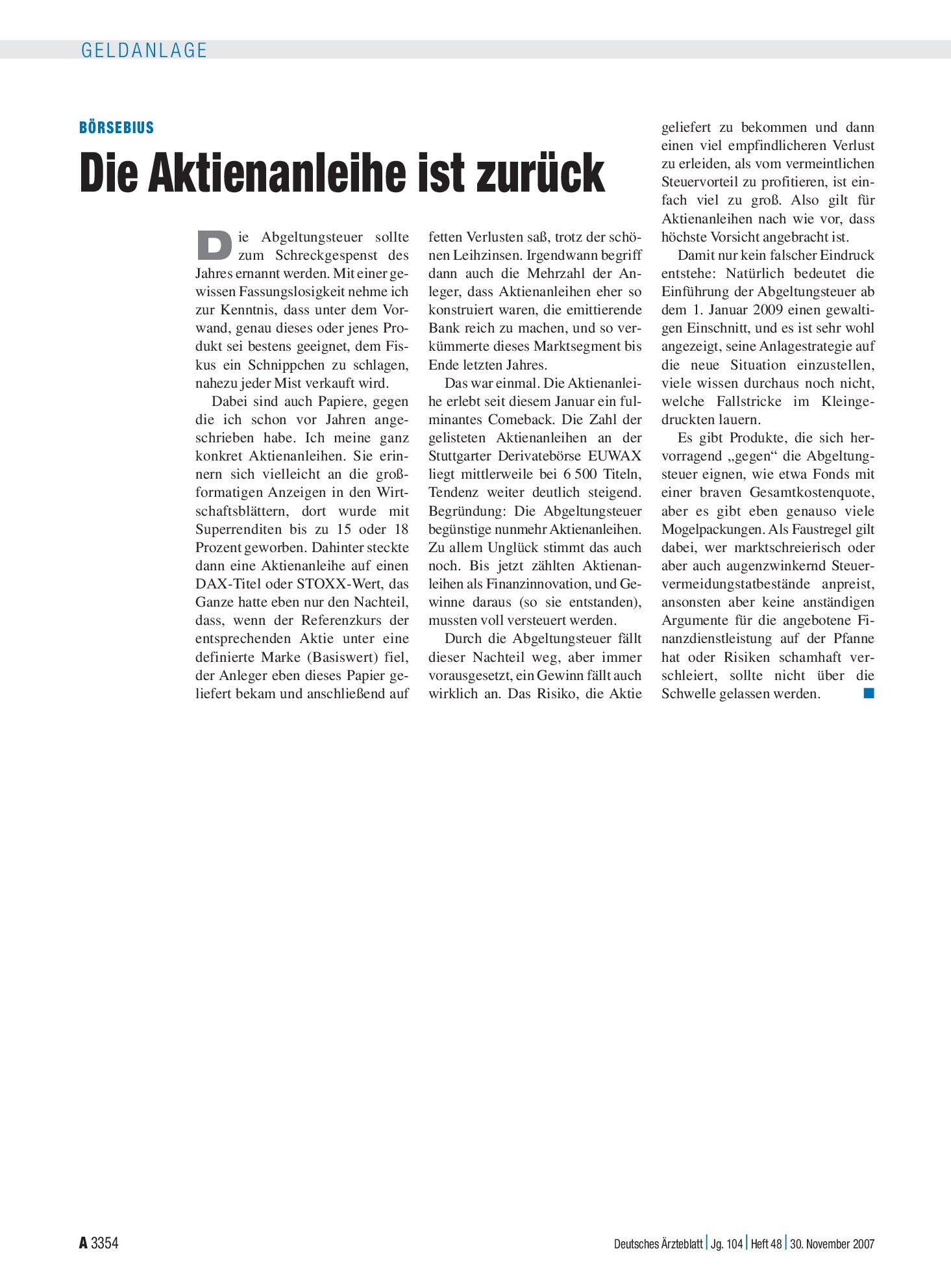 Vorschauseite 1: Die Aktienanleihe ist zurück – Deutsches Ärzteblatt