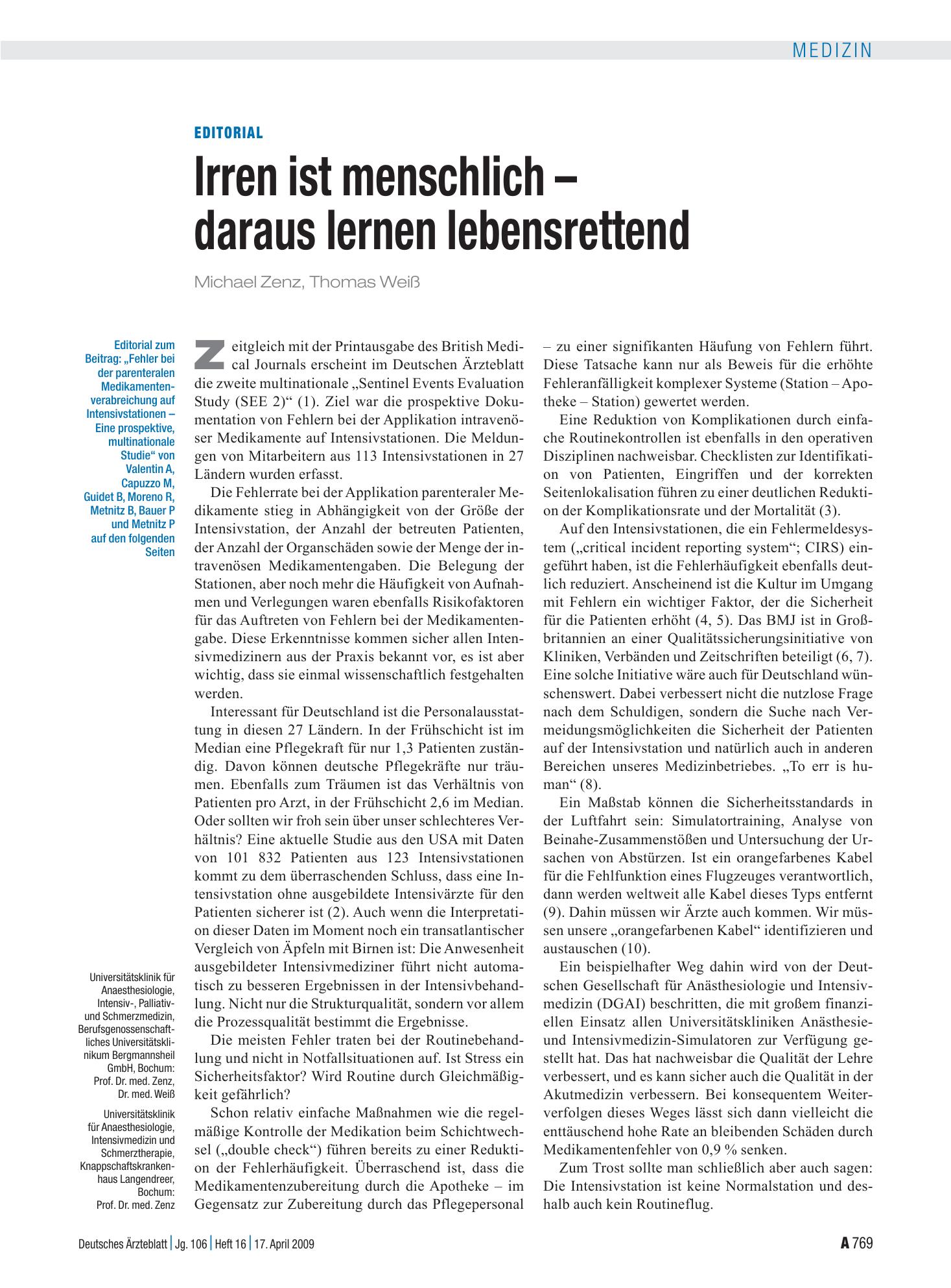 Vorschauseite 1: Irren ist menschlich – daraus lernen lebensrettend – Deutsches Ärzteblatt