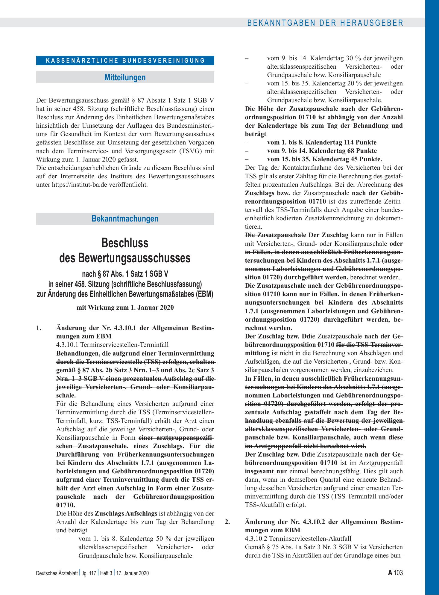 Vorschauseite 1: Beschluss des Bewertungsausschusses nach § 87 Abs. 1 Satz 1 SGB V in seiner 458. Sitzung (schriftliche Beschlussfassung) zur Änderung des Einheitlichen Bewertungsmaßstabes (EBM) –…