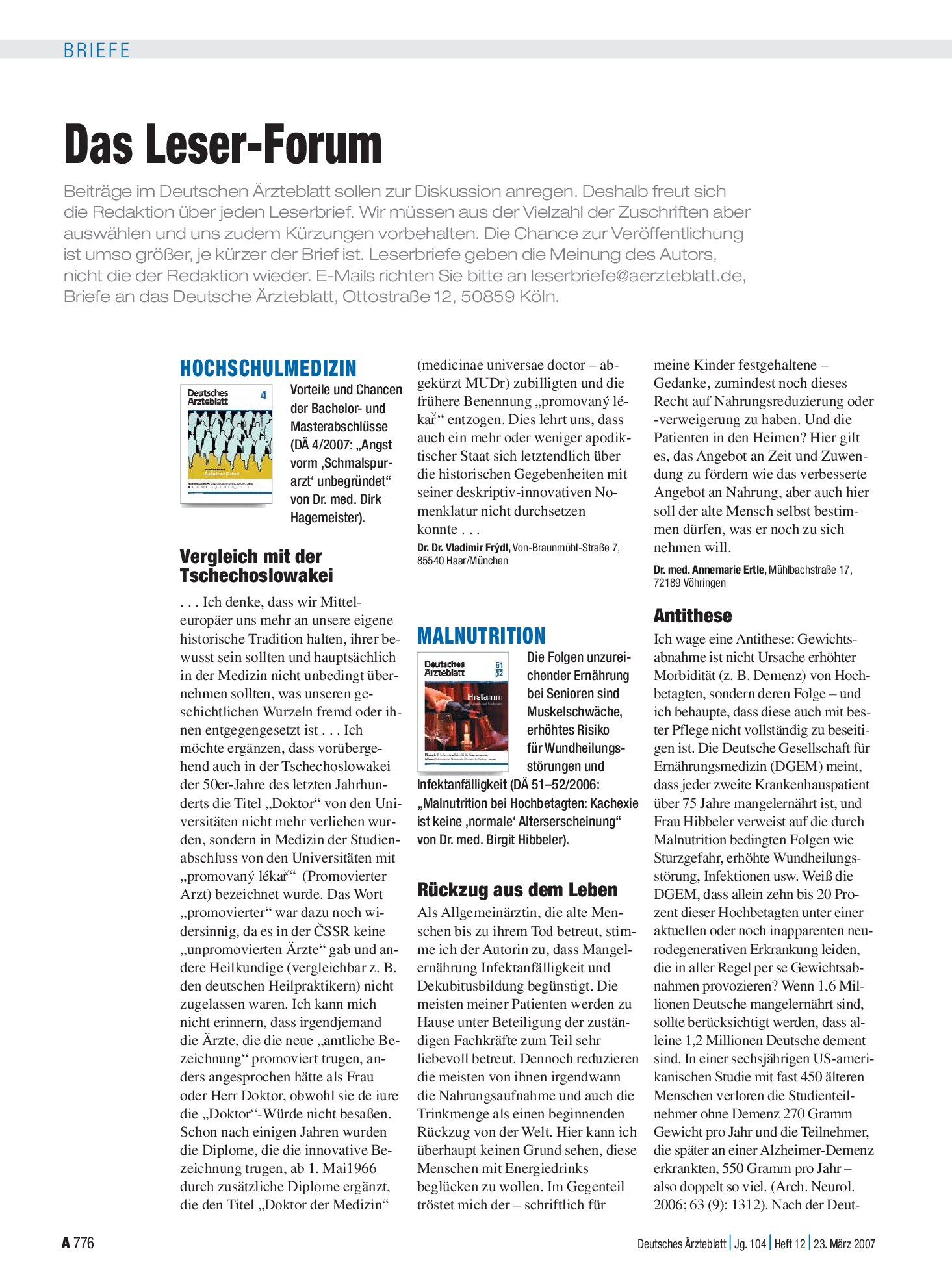 Vorschauseite 1: Malnutrition: Rückzug aus dem Leben – Deutsches Ärzteblatt