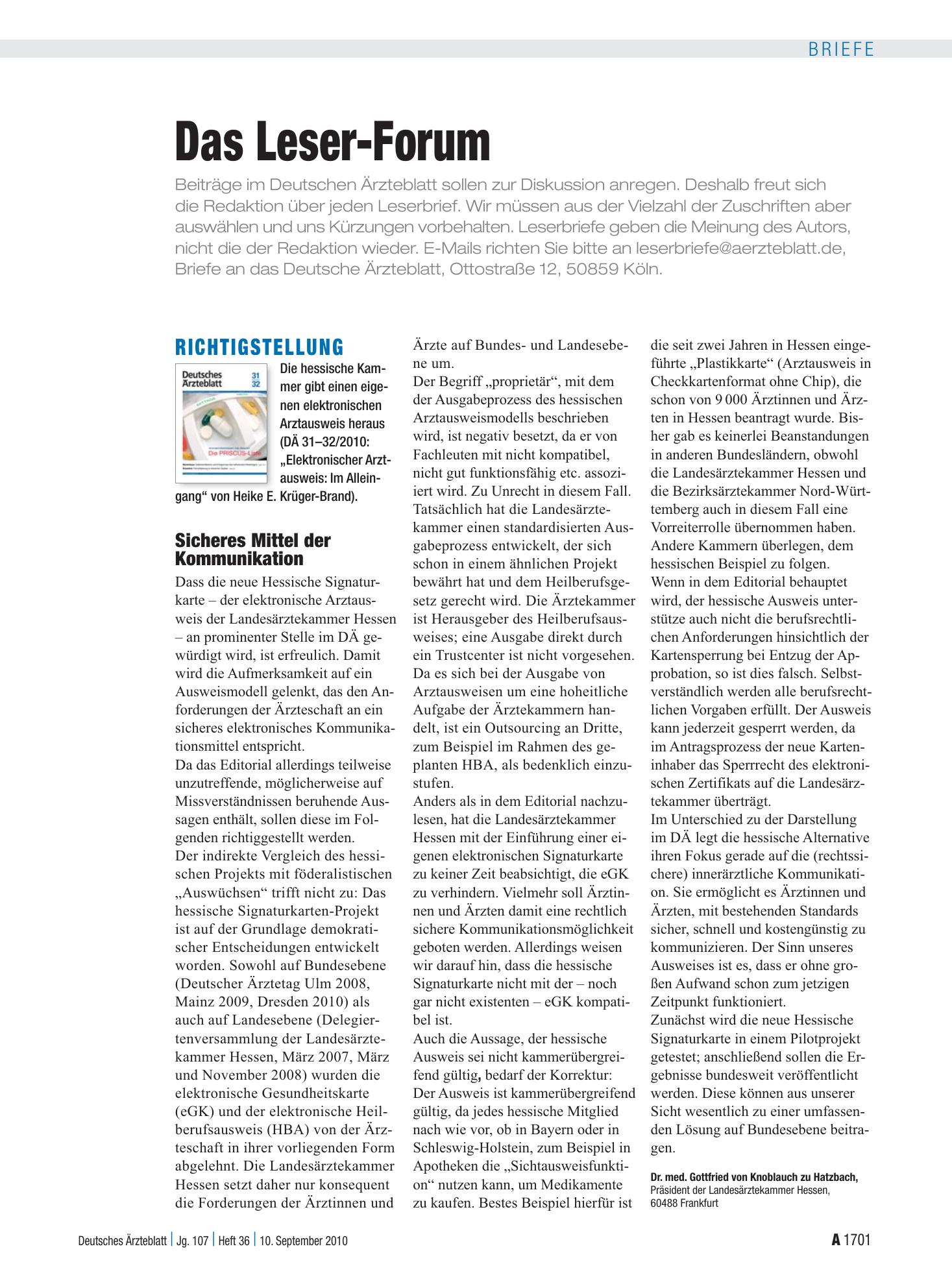 Vorschauseite 1: Richtigstellung: Sicheres Mittel der Kommunikation – Deutsches Ärzteblatt