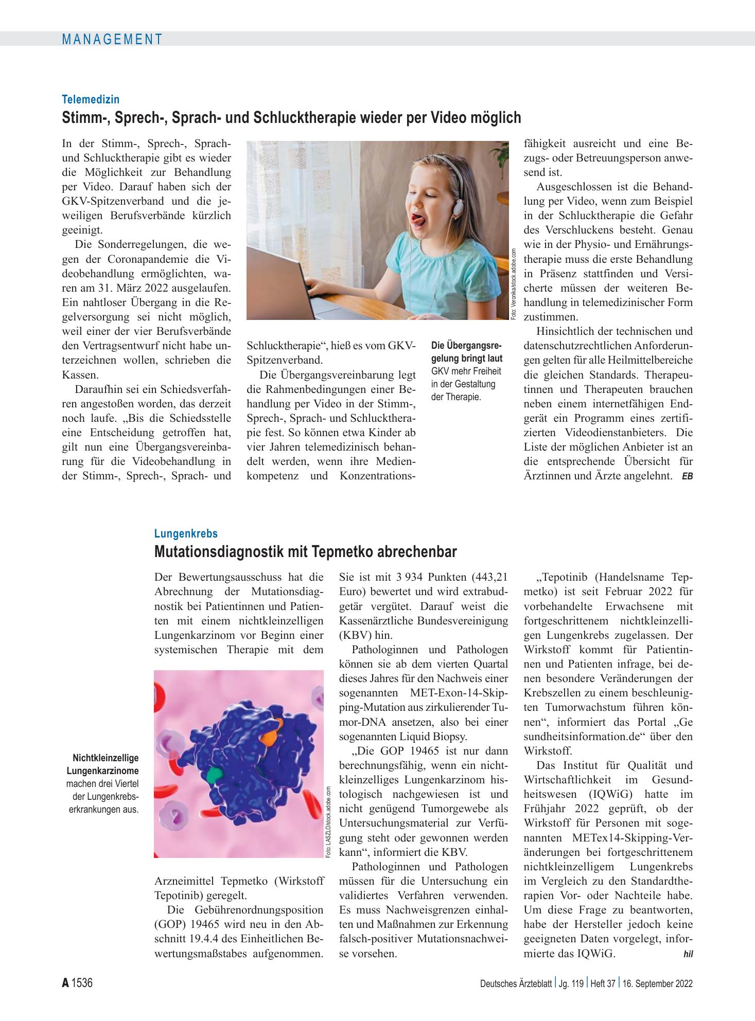 Vorschauseite 1: Lungenkrebs: Mutationsdiagnostik mit Tepmetko abrechenbar – Deutsches Ärzteblatt