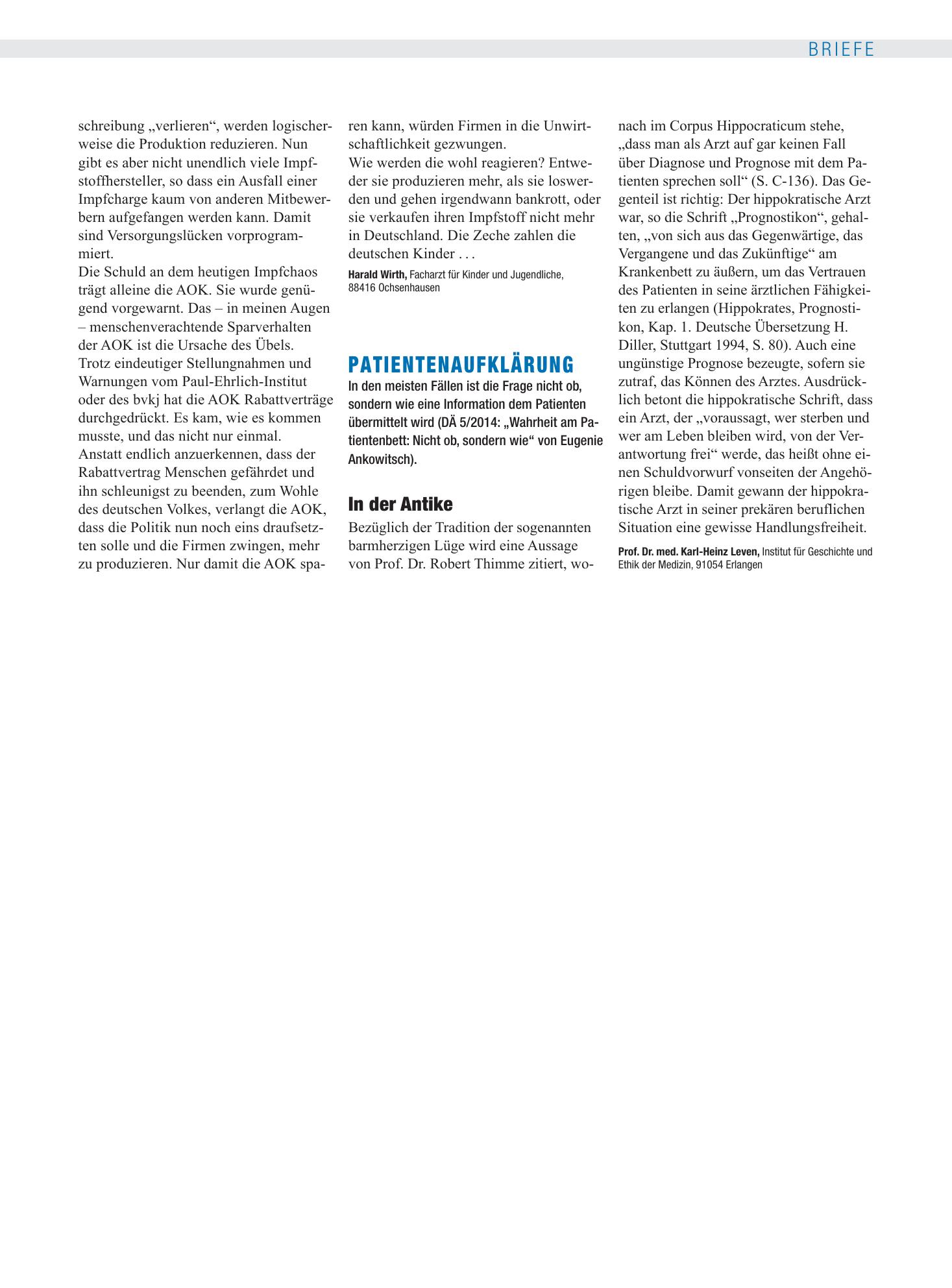 Vorschauseite 1: Patientenaufklärung: In der Antike – Deutsches Ärzteblatt
