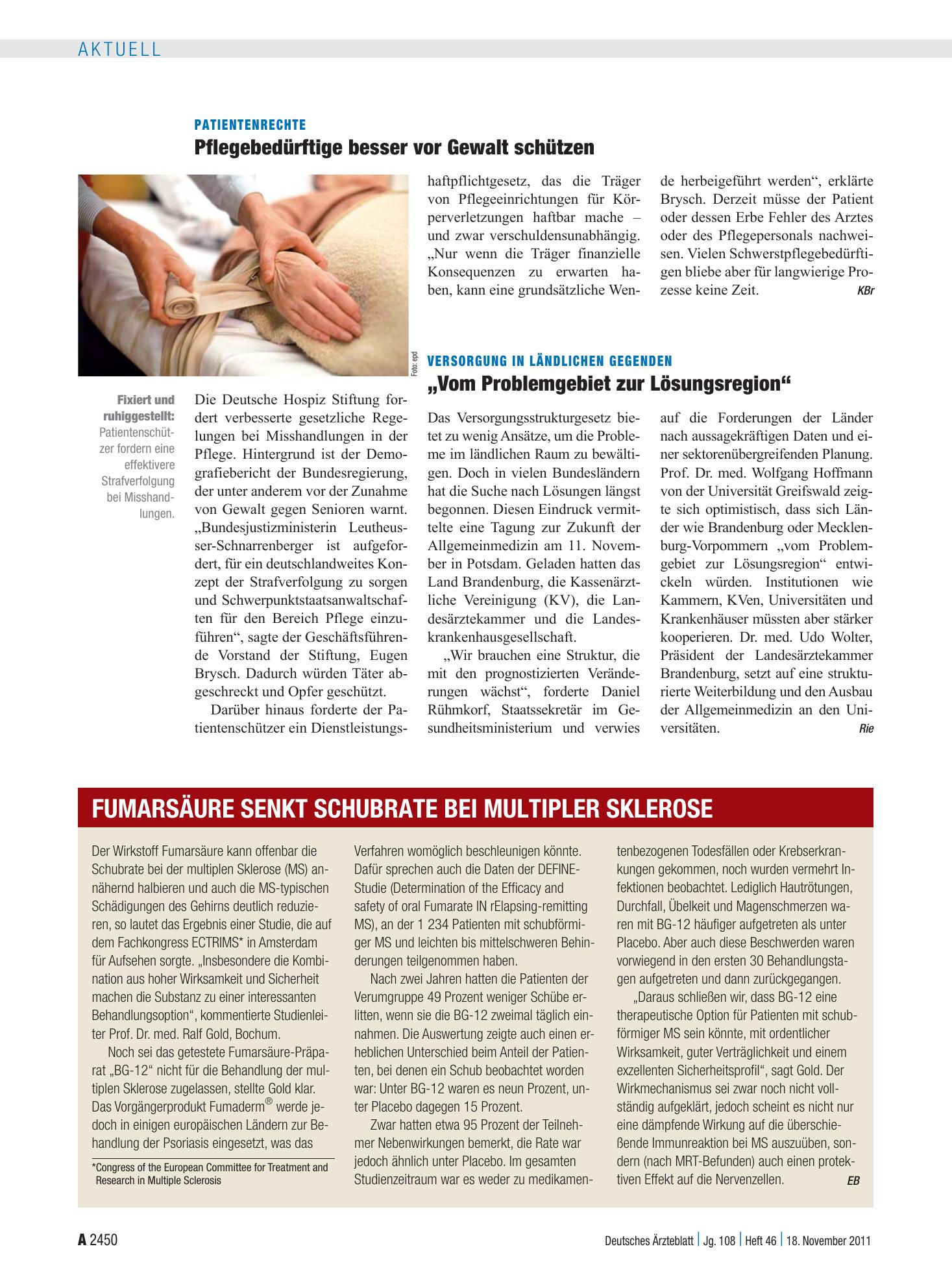 Vorschauseite 1: Fumarsäure senkt Schubrate bei Multipler Sklerose – Deutsches Ärzteblatt