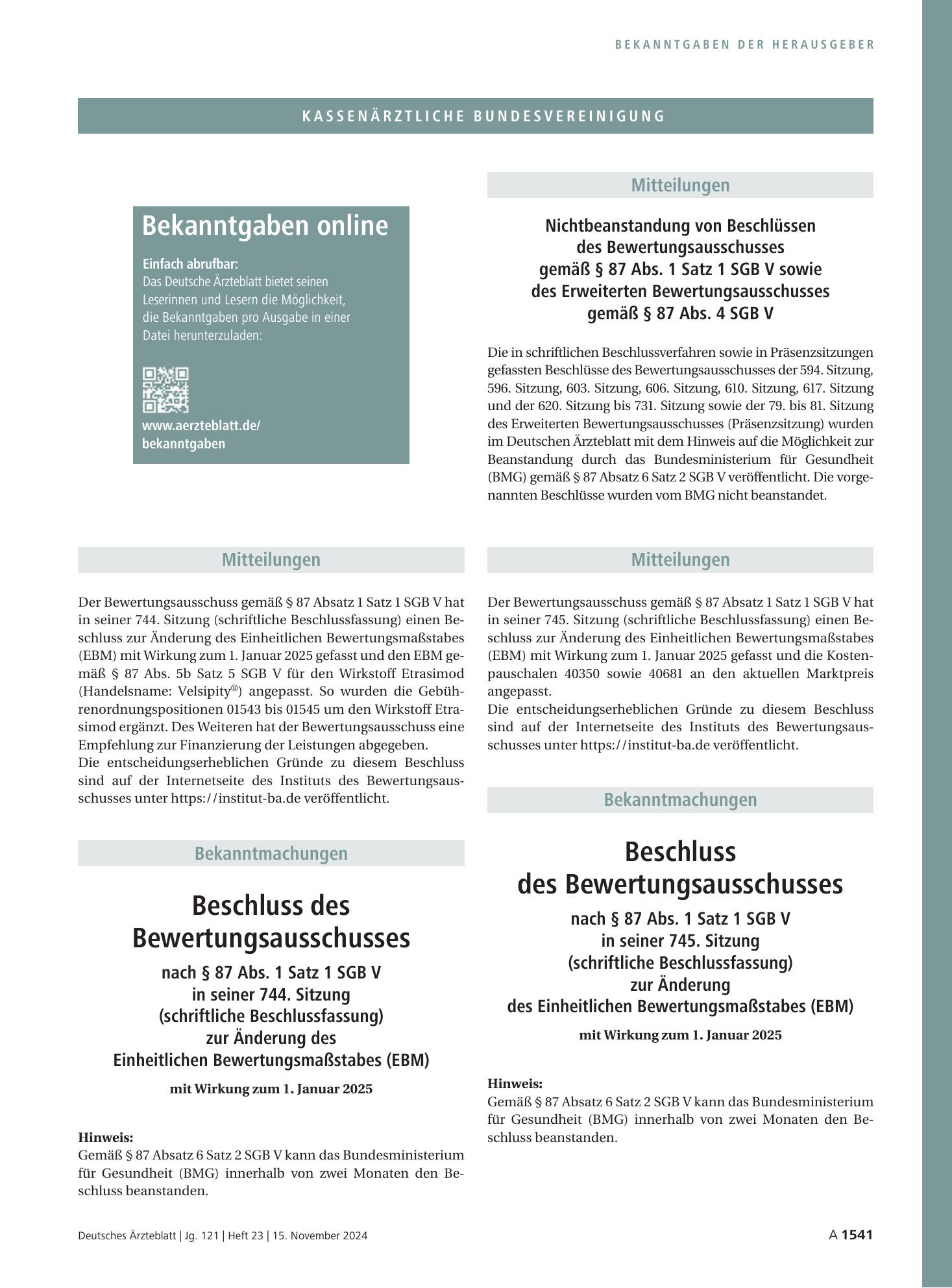 Vorschauseite 1: Nichtbeanstandung von Beschlüssen des Bewertungsausschusses gemäß § 87 Abs. 1 Satz 1 SGB V sowie des Erweiterten Bewertungsausschusses gemäß § 87 Abs. 4 SGB V – Deutsches Ärztebla…