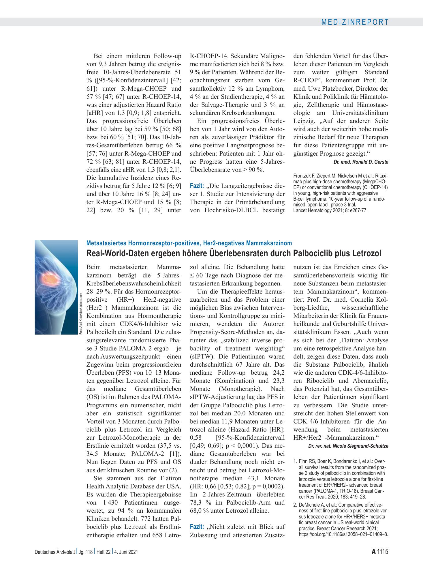 Vorschauseite 1: Metastasiertes Hormonrezeptor-positives, Her2-negatives Mammakarzinom: Real-World-Daten ergeben höhere Überlebensraten durch Palbociclib plus Letrozol – Deutsches Ärzteblatt
