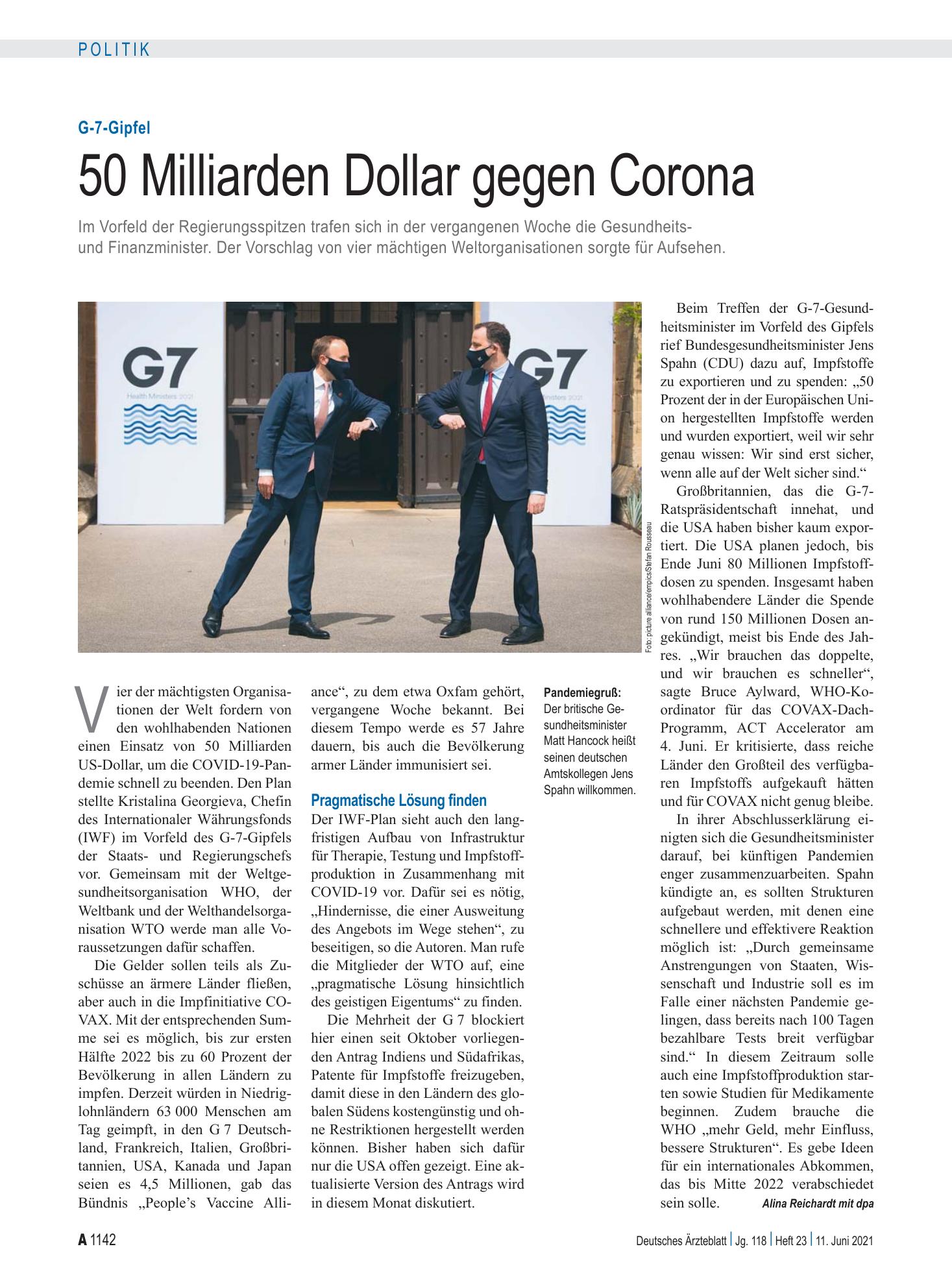 Vorschauseite 1: G-7-Gipfel: 50 Milliarden Dollar gegen Corona – Deutsches Ärzteblatt