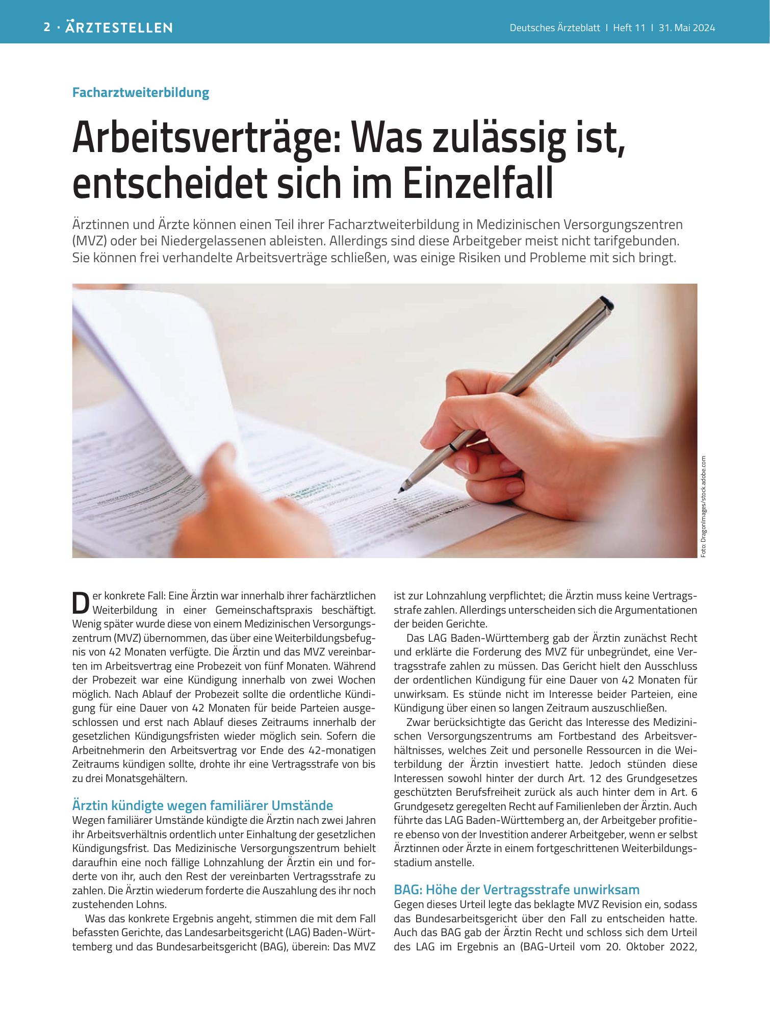Vorschauseite 1: Facharztweiterbildung: Arbeitsverträge – Was zulässig ist, entscheidet sich im Einzelfall – Deutsches Ärzteblatt