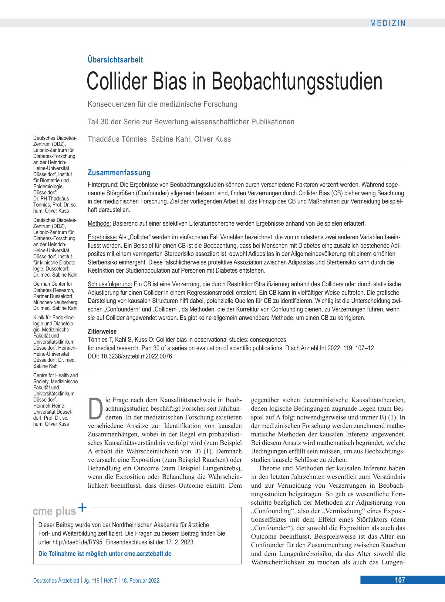 Vorschauseite 1: Collider Bias in Beobachtungsstudien: Konsequenzen für die medizinische Forschung – Deutsches Ärzteblatt
