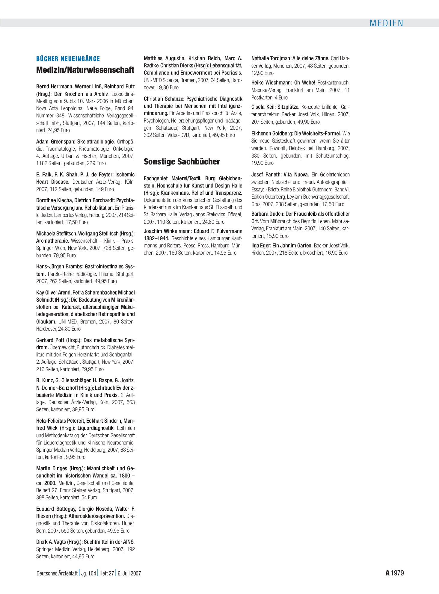Vorschauseite 1: Sonstige Sachbücher – Deutsches Ärzteblatt