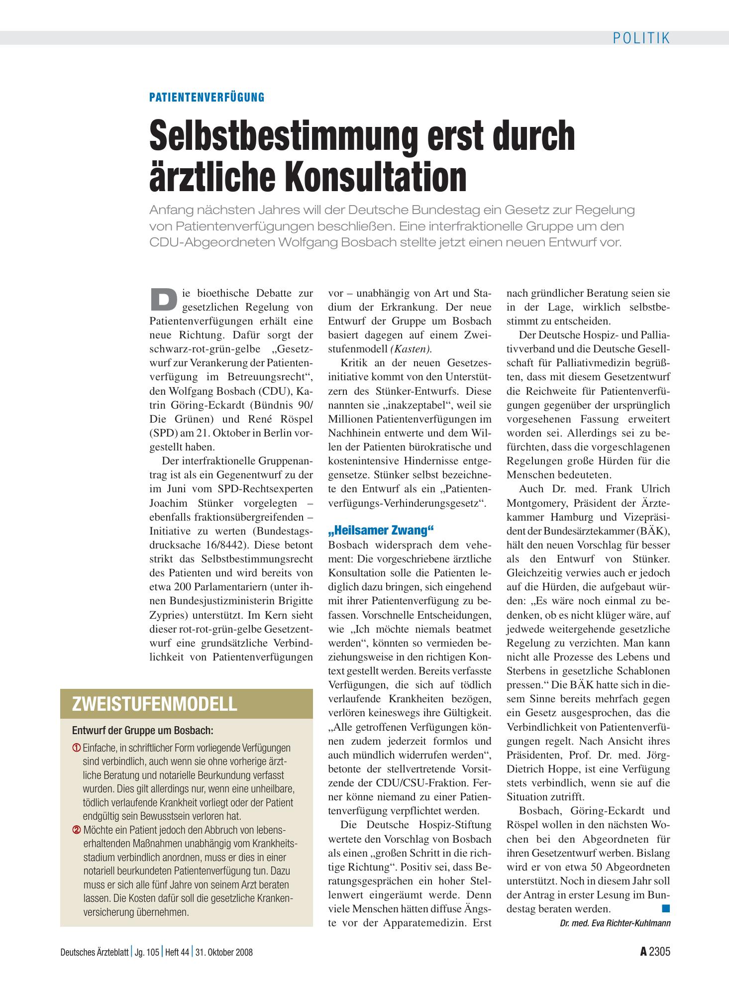 Vorschauseite 1: Patientenverfügung: Selbstbestimmung erst durch ärztliche Konsultation – Deutsches Ärzteblatt