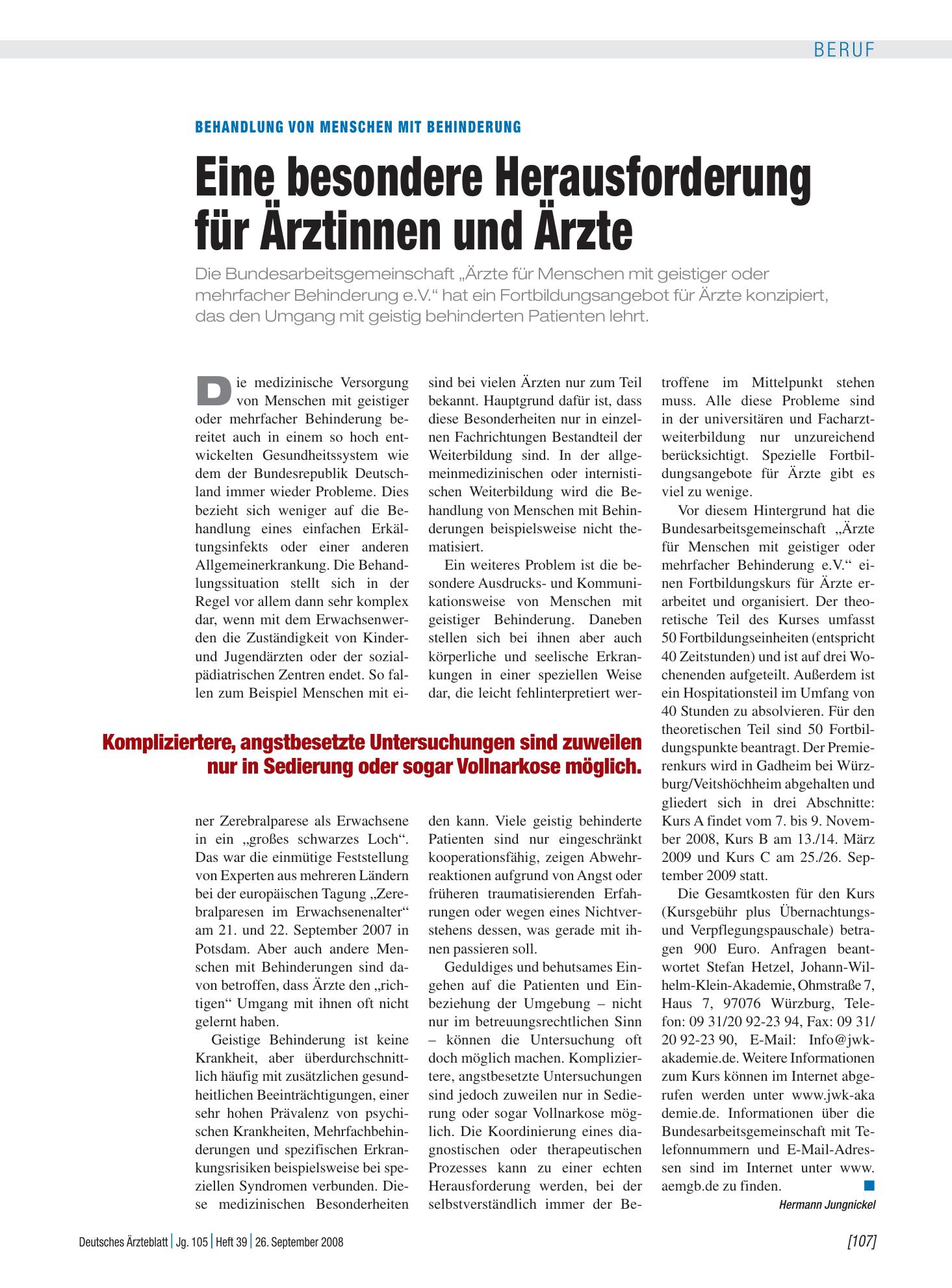 Vorschauseite 1: Behandlung von Menschen mit Behinderung: Eine besondere Herausforderung für Ärztinnen und Ärzte – Deutsches Ärzteblatt