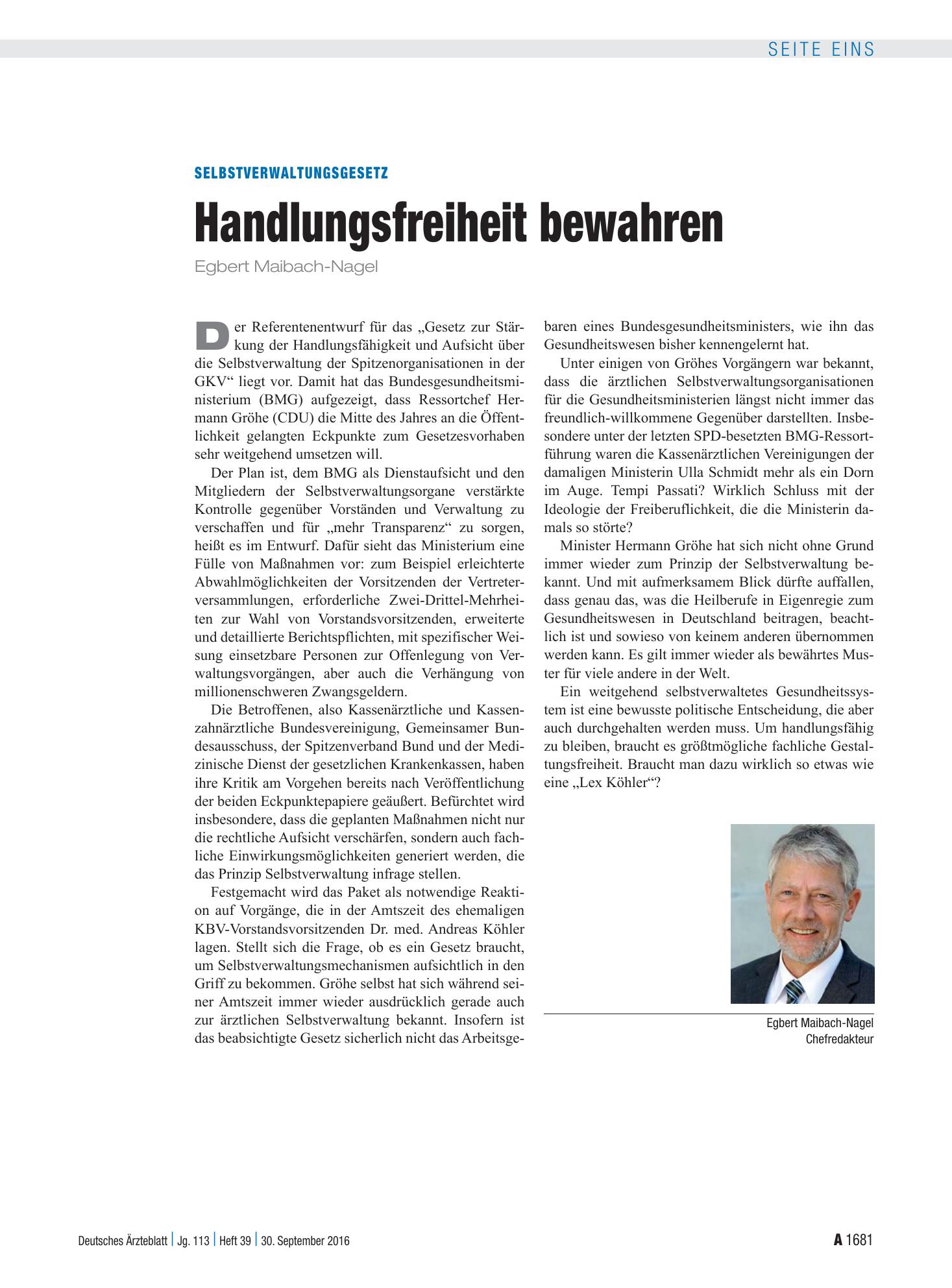 Vorschauseite 1: Selbstverwaltungsgesetz: Handlungsfreiheit bewahren – Deutsches Ärzteblatt