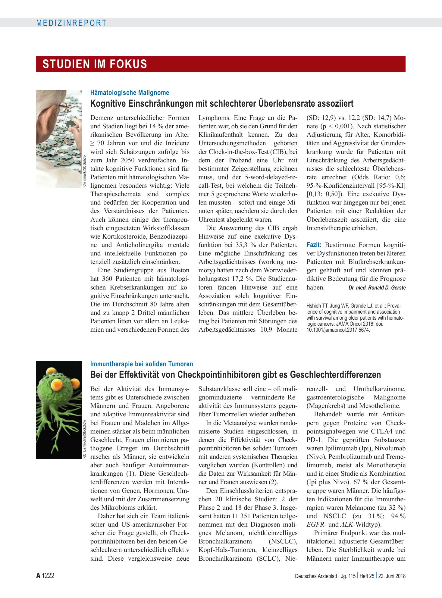 Vorschauseite 1: Hämatologische Malignome: Kognitive Einschränkungen mit schlechterer Überlebensrate assoziiert – Deutsches Ärzteblatt