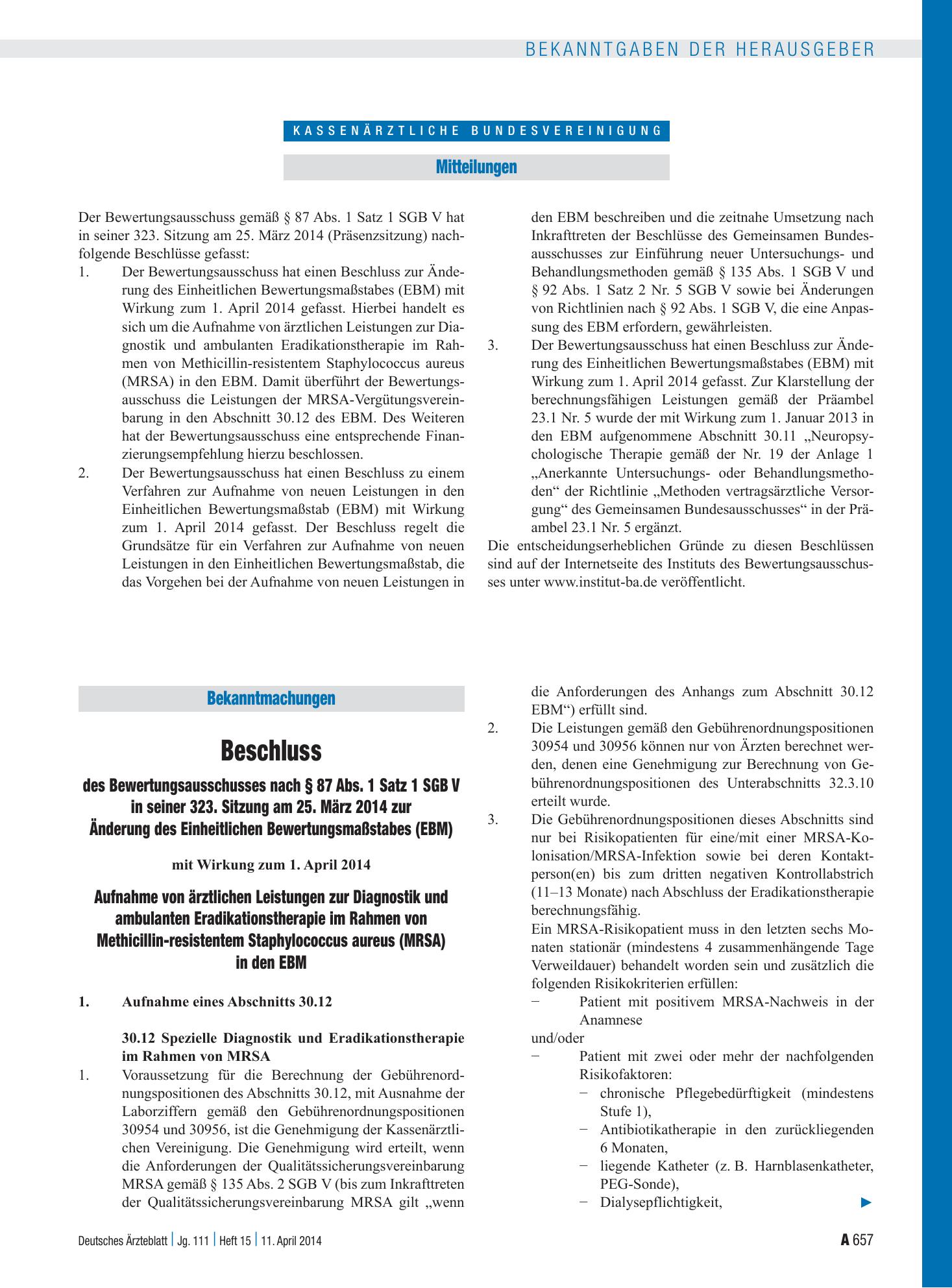 Vorschauseite 1: Beschluss des Bewertungsausschusses nach § 87 Abs. 1 Satz 1 SGB V in seiner 323. Sitzung am 25. März 2014 zur Änderung des Einheitlichen Bewertungsmaßstabes (EBM) – Aufnahme von ä…