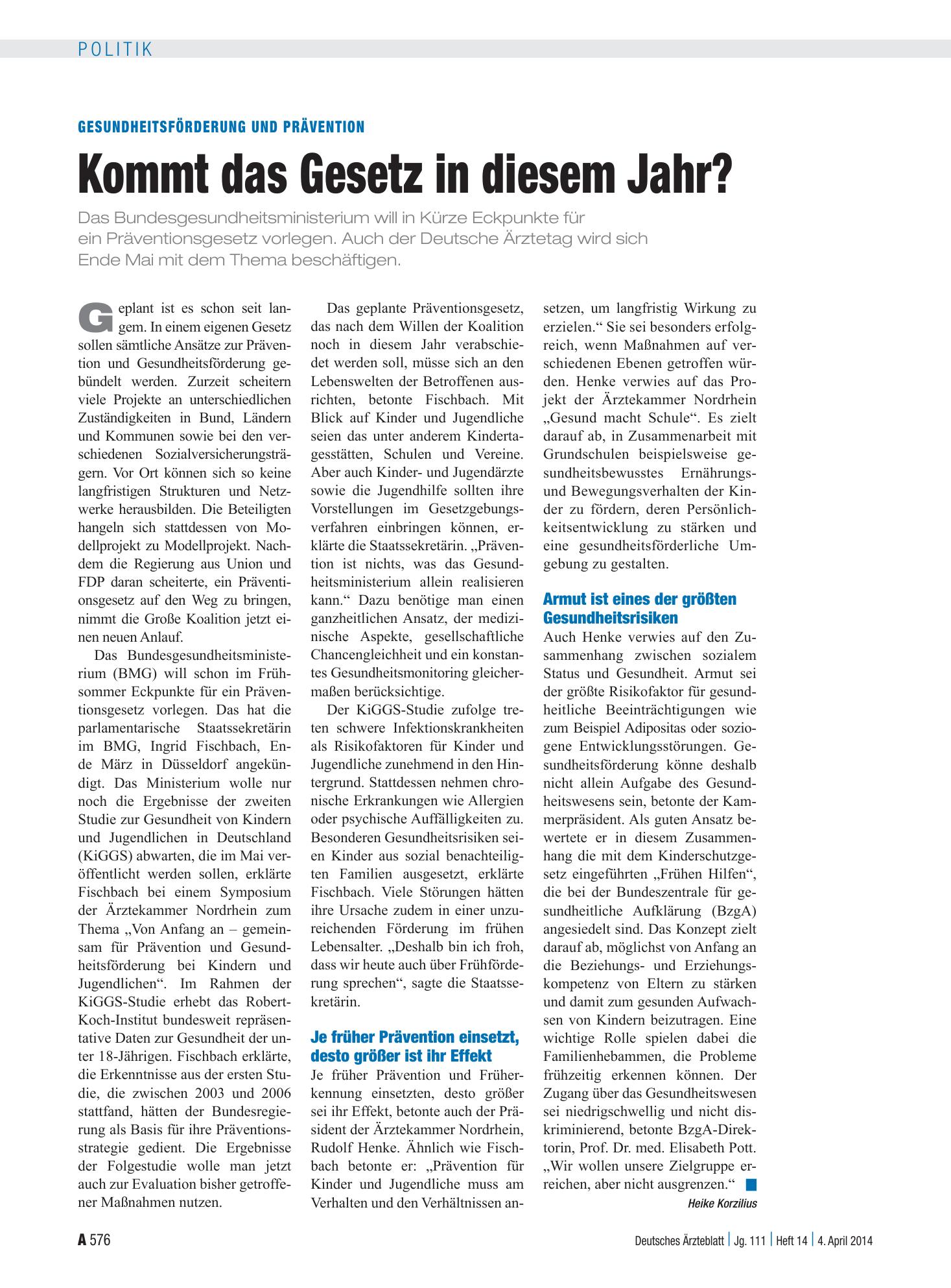 Vorschauseite 1: Gesundheitsförderung und Prävention: Kommt das Gesetz in diesem Jahr? – Deutsches Ärzteblatt
