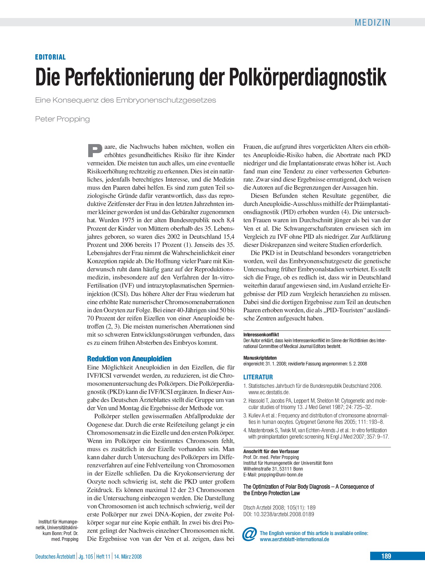 Vorschauseite 1: Die Perfektionierung der Polkörperdiagnostik – Deutsches Ärzteblatt