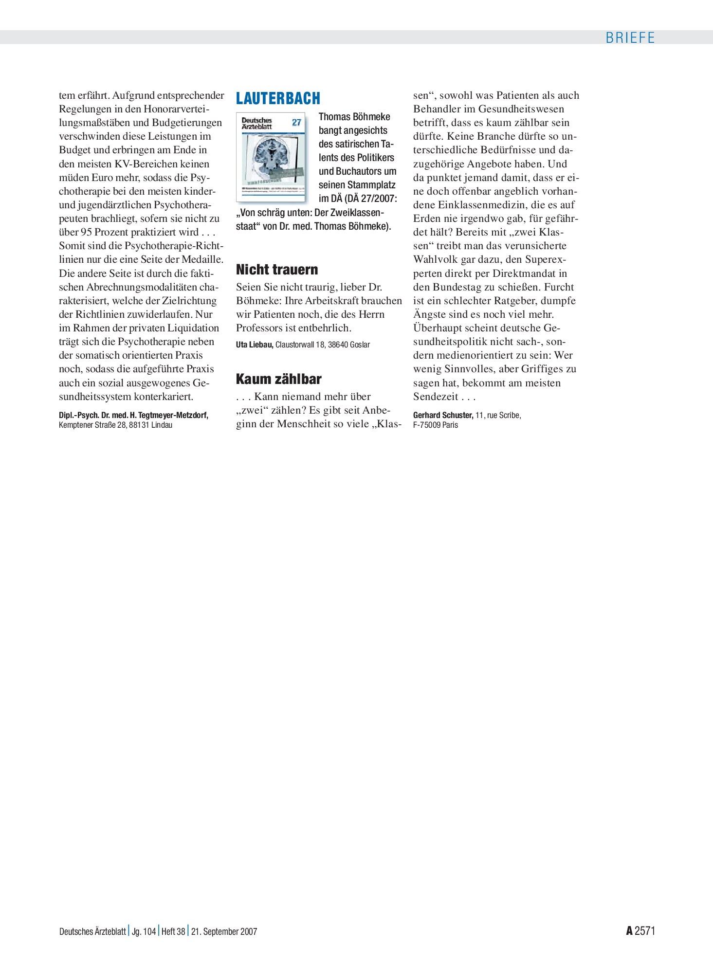 Vorschauseite 1: Lauterbach: Kaum zählbar – Deutsches Ärzteblatt