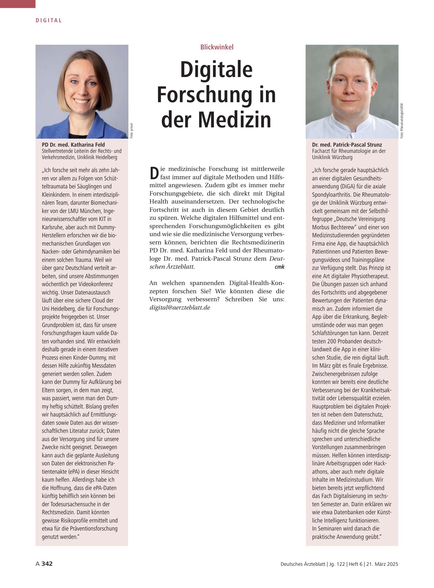 Vorschauseite 1: Blickwinkel: Digitale Forschung in der Medizin – Deutsches Ärzteblatt