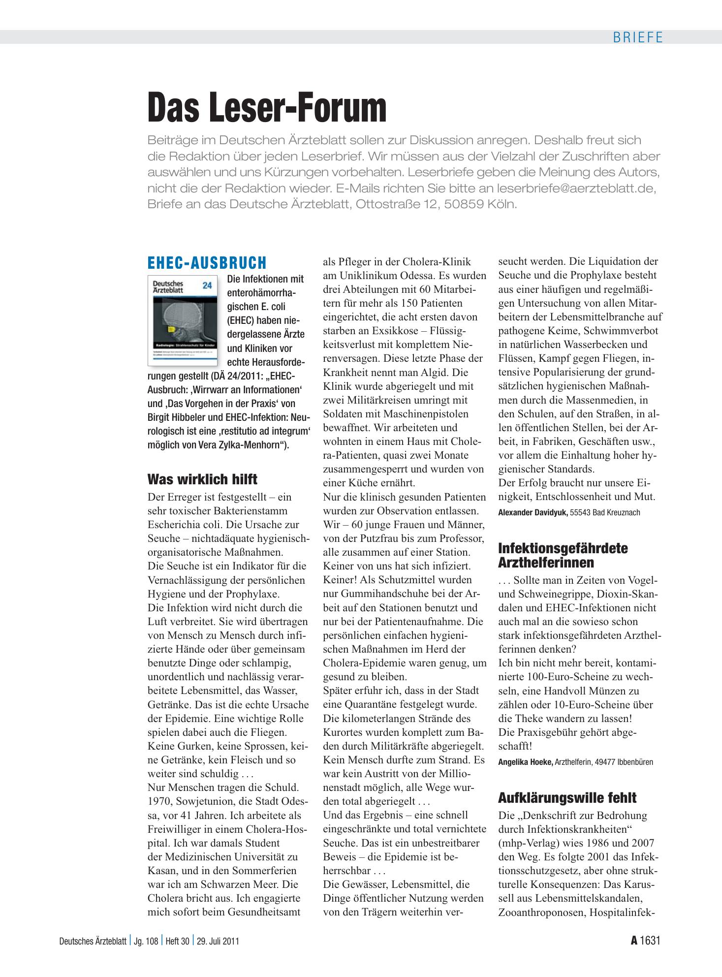 Vorschauseite 1: EHEC-Ausbruch: Was wirklich hilft – Deutsches Ärzteblatt